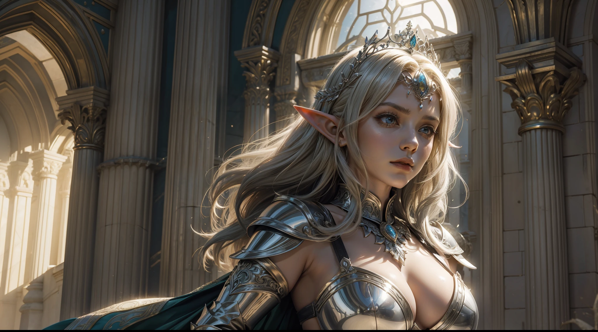 Female elf,Large breasts,Silver armor,tiara crown,dramatics,dynamicposes,The background is the palace,(Mid-range portrait:1.3),rays of sunshine,sceptre