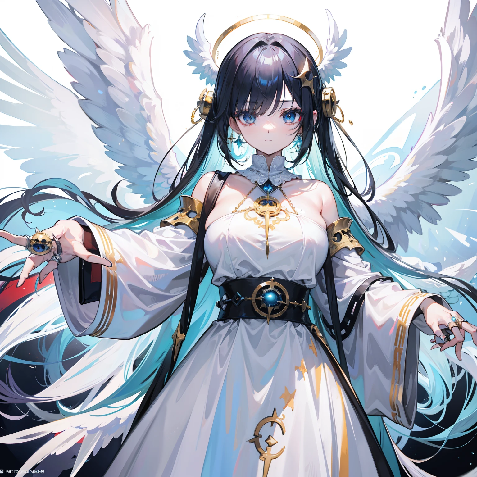 A holy-looking monster angel,His entire body consists of huge one-eyed,and a metal ring around a one-eyed eye,The rings are crawling with eyeballs,Long has many wings on white holy angels