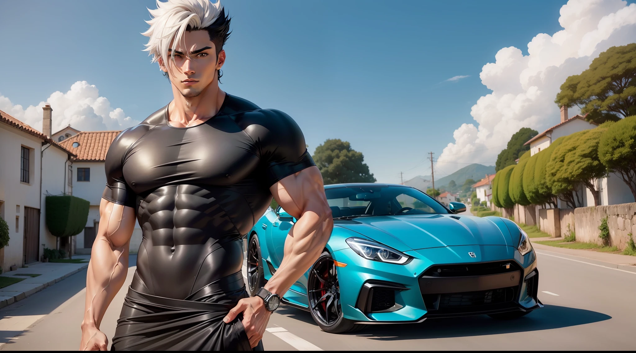 A male anime character with an athletic body, cabelo preto, bem vestido com terno de cores de tons escuros, in a beautiful village with verdant fields and blue sky, With a sports car behind him.