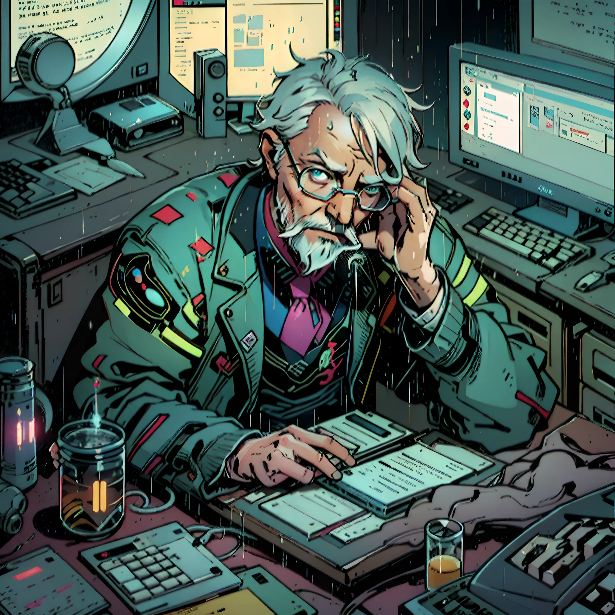 Cyberpunk cartoon style, Charles Darwin wearing glasses and smoking a cigarette, sitting in a cluttered room typing frantically on the keyboard, (computers: 1.2+desk+messy room+dna hologram), in the dim light, (blue light: 1.1), electronic rain (ASCII rain) wafts in the room. --auto --s2