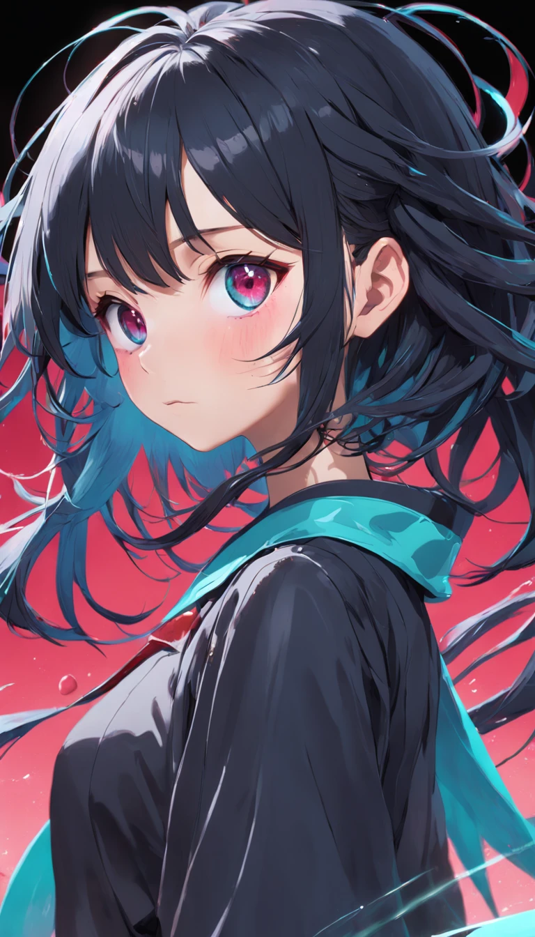 black hair, hair bobbles, wince, longeyelashes, solid circle eyes, Surrealism, drop shadow, anaglyph, stereogram, tachi-e, pov, atmospheric perspective, anime, drop shadow, 8k, super detail, ccurate, best quality, highres, textured skin