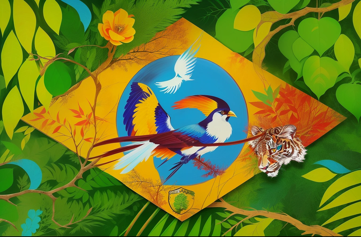 uma pintura de uma cena de selva com um tucano, leopardo, e outros animais, Artwork, ecological art , 8 k, fantasia, Papel de parede anime 4k, Arte digital altamente detalhada em 4k, 8k arte detalhade alta qualidade, Anime Wallpaper 4k, 4k anime wallpapers, , Arte digital detalhada em 4k, Anime Art Wallpaper 4K, Anime Art Wallpaper 4K