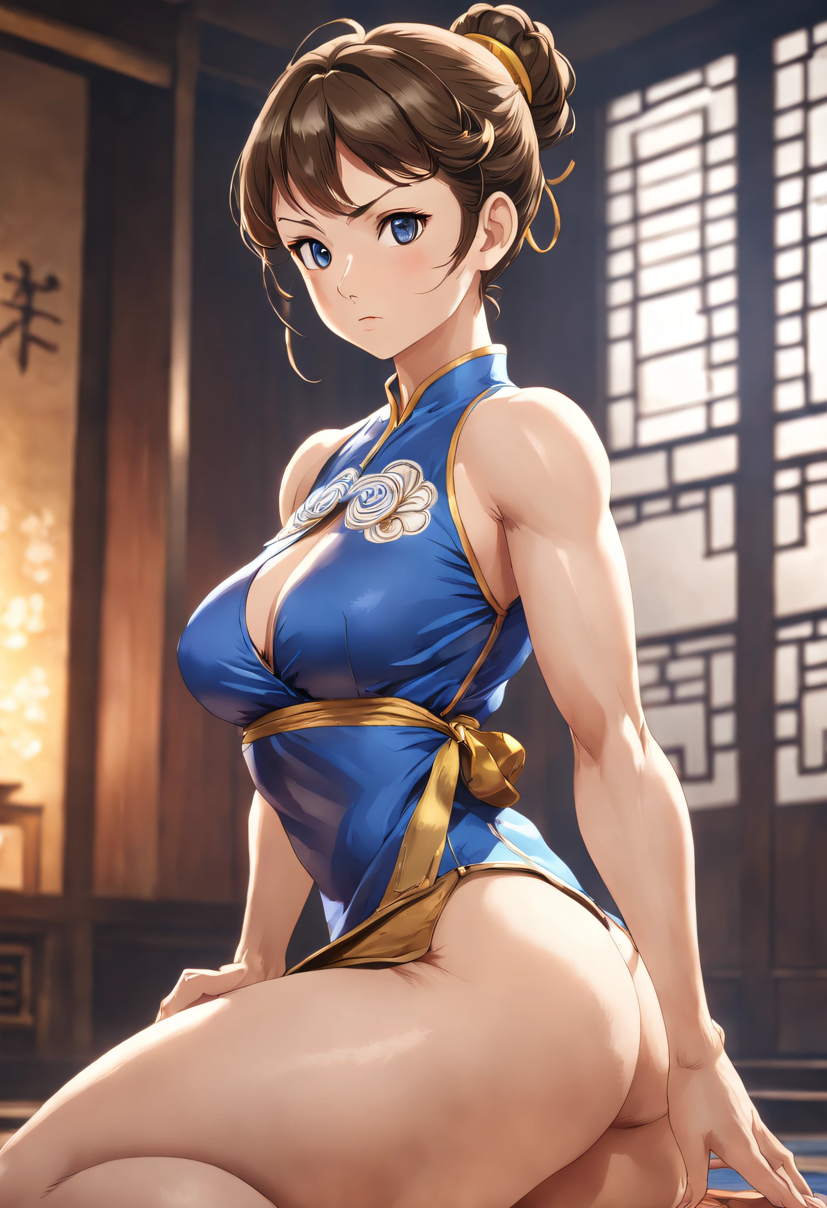 Chun-li, 40_years_old, mature looking woman, A MILF, (1girl in), Solo:1.4, (In blue and gold cheongsam_Photo embroidery pose, cleavage, Brown Leggings, fundoshi) portrait of chun li, (brown_Eyes, Short_hair, brown_hair, Double_Bun), oppai, oppai proportions, ultra realistic anime, goddess of Japan, Highly detailed, Large_breasts, cleavage, nipple contour, Shiny skin, Perfect body, Perfect face, hyperrealistic full figure