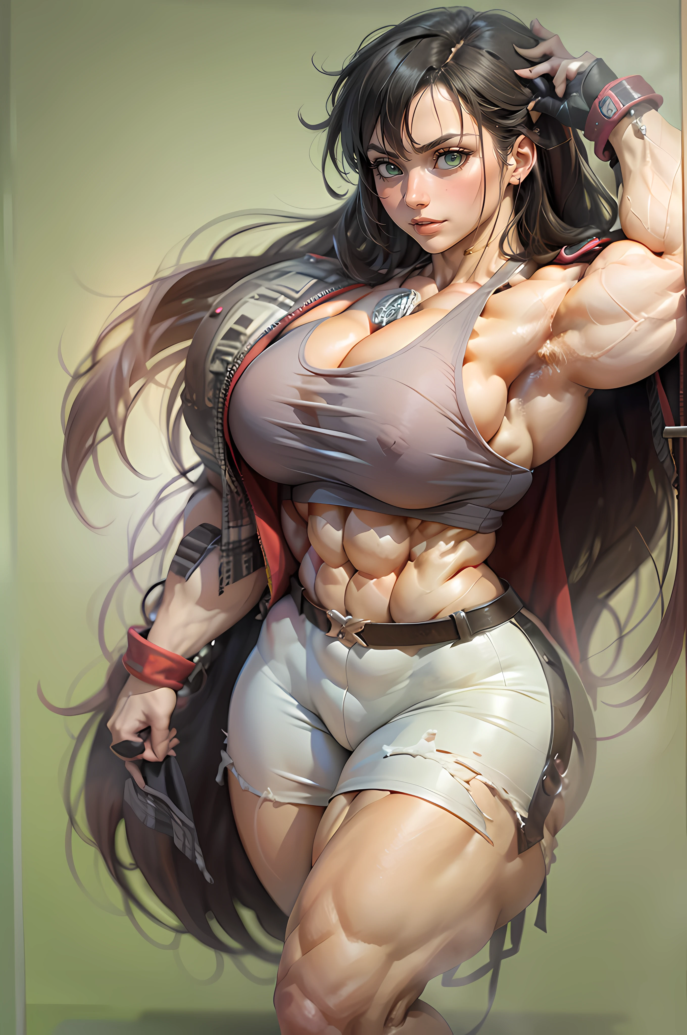 (Masterpiece: 2), (very detailed: 2), (beautiful face: 2), 20-year-old woman face, thick muscular neck, matching neck, matching skin tone, matching trapezius muscles, matching hair, slight smirk, neutral stare, big eyes, green eyes
