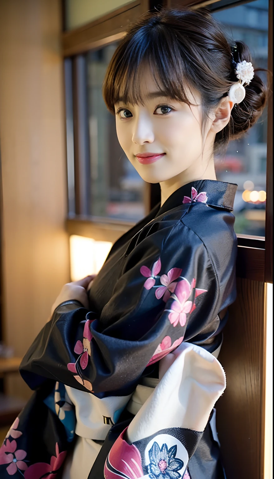 ((top-quality、32K、​masterpiece:1.3、foco nítido:1.3))、1girl in、Pretty Japan Girl、with round face、a baby face、Young Face、A dark-haired、Black eyes、Detailed eyes and iris、Highly detailed facial and skin texture、hairstyle on((Japan hair、Edo period hairstyles))、Beautiful Japan kimono、Background with((in the edo era、Japan Bridge、Edo Castle))、Girl's body type(Sensual body lines、Feminine body line、Colossal tits)