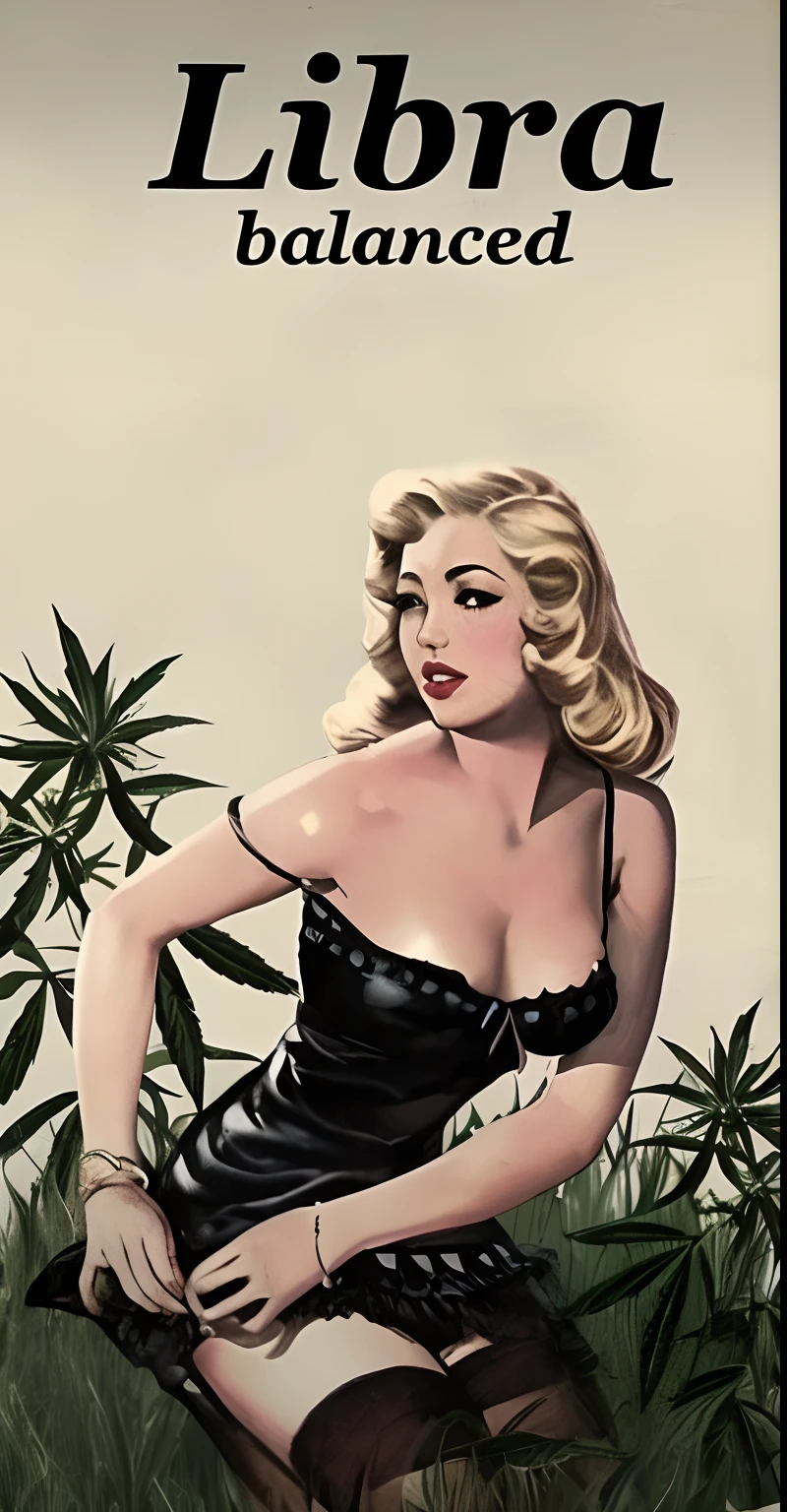 um close up de uma mulher com um vestido preto sentada em um campo, personification of marijuana, Princesa da Cannabis, Arte Pinup, Pin - para cima, Pin-up, Fixar, Fixar menina, sentado em um campo de Cannabis, Cannabis!, Pinup, Pino Vintage, arte pulp vintage, menina Pinup, Cannabis, menina Pinup, maconha!