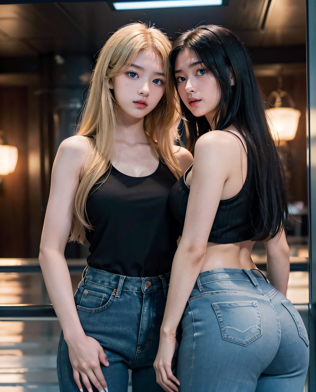 2girls, (1girl Blue Eyes Sana Minatozaki blonde long hair), (2girl brow eyes black long hair Hirai Momo), wide hips, Big Boobs, big ass, (Best Quality, 8k, Masterpiece: 1.3), Clear Focus: 1.2, Perfect Body Beauty: 1.4, Slender Abs: 1.2, Highly detailed face and skin texture, detailed eyes, double eyelids, (black tanktop and jeans pants), (girlfriends looking into each other's eyes :1.3), in a the square of japan
