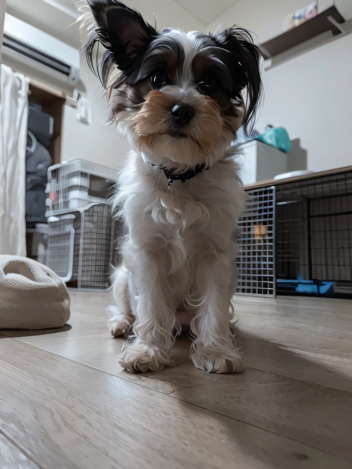 A small dog is sitting on the floor next to a dog toy, taken with sony alpha 9, taken with sony a7r camera, captured with sony a3 camera, 8K!!, Dynamic!!, photo taken with sony a7r, Man's!!, taken with canon 8 0 d, Shih Tzu, scruffy looking, けもの