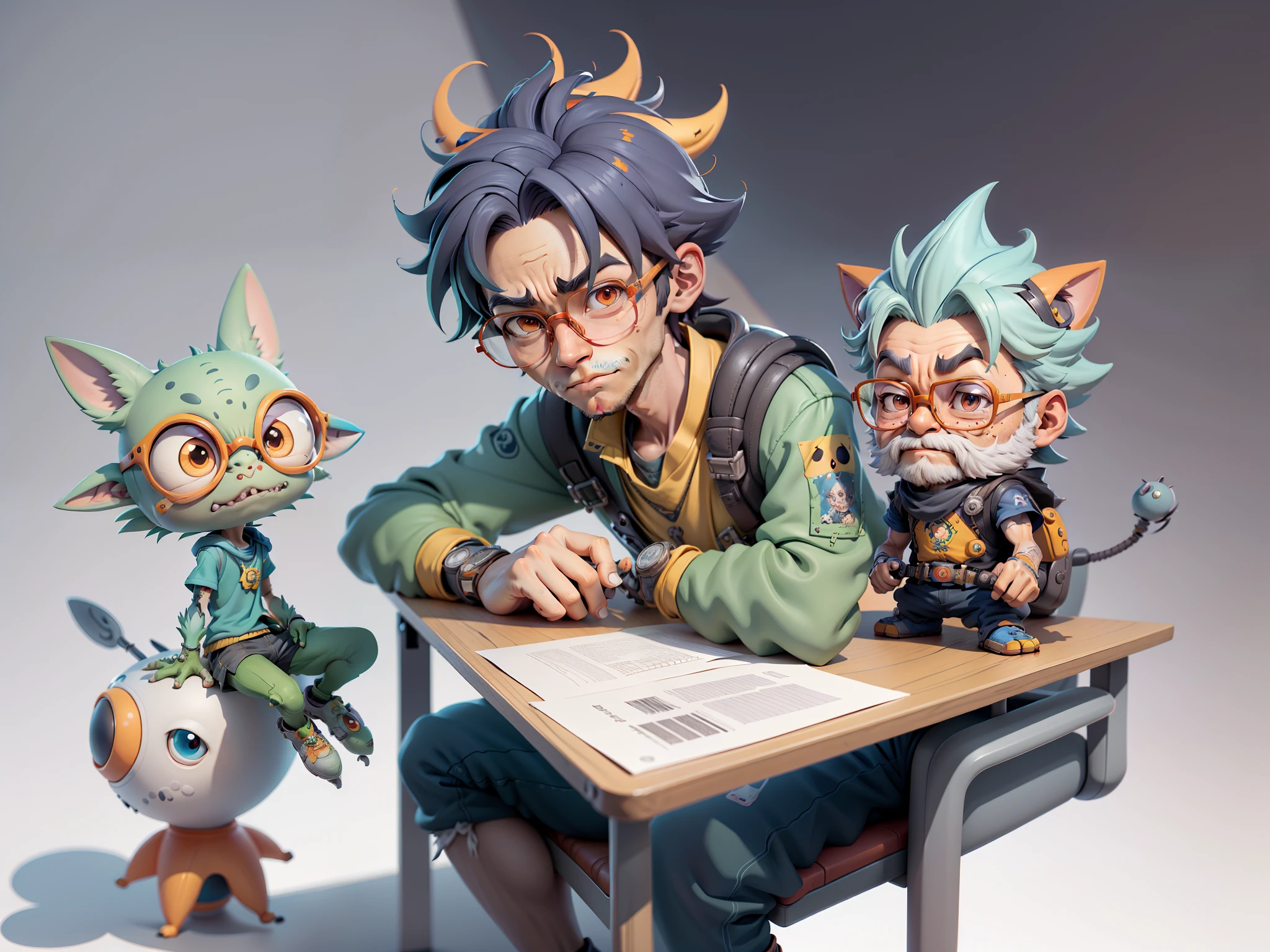 A young man with glasses sits at his desk,holding laptop,digitial painting,3D character design by Mark Clairen and Pixar and Hayao Miyazaki and Akira Toriyama,4K HD illustration,Very detailed facial features and cartoon-style visuals。