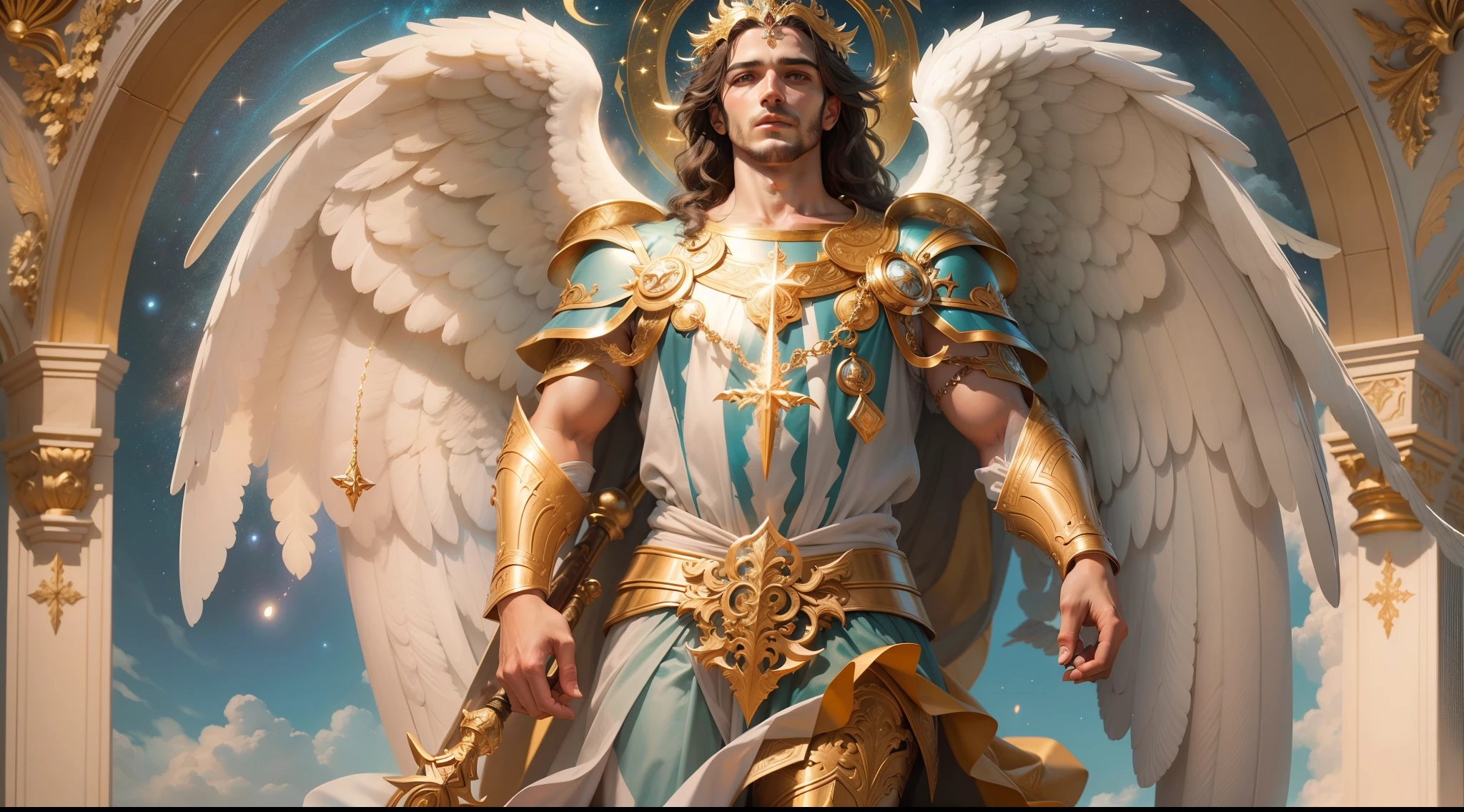 um personagem masculino bonito meia idade, o arcanjo Miguel, imagem celestial, detalhes intricados, realista, asas ROSAS e grandes, fundo angelical, Catholic illustrative image of the archangel Michael, Male character of the Bible, Michael is wearing his angelic armor, cosmic background, Illumination in the Archangel and in the background, imagem do corpo todo do anjo, Maximum detail and his angelic face and wings, pele perfeita realista, Maximum image quality, Miguel ele esta destacado na imagem com cores fortes e chamativas, asas grandes