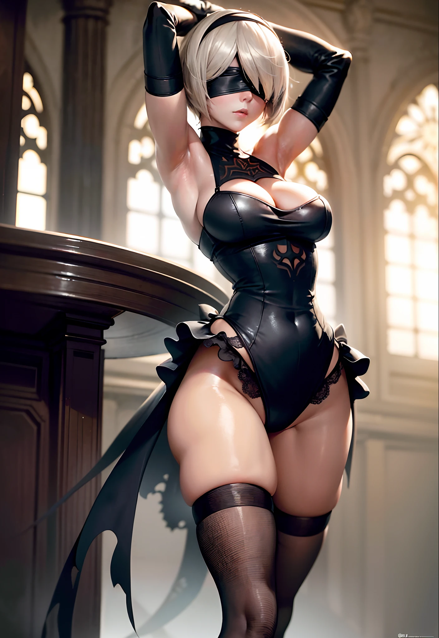 (Masterpiece, nier automata 2B with black blindfold on posing with her arms behind her head,1.5)  (Best Quality, cinematic lighting: 1.5), Perfect Eyes, Perfect Face, Volumetric Lighting,  sunlit atmosphere cinematic presentation,slight frills, Black Stockings, Seductive, background is a romantic nighttime cathedral setting, Super Close Shot, Very accentuated hourglass figure, skin is greasy.  Goose bumps. Beautiful long legs