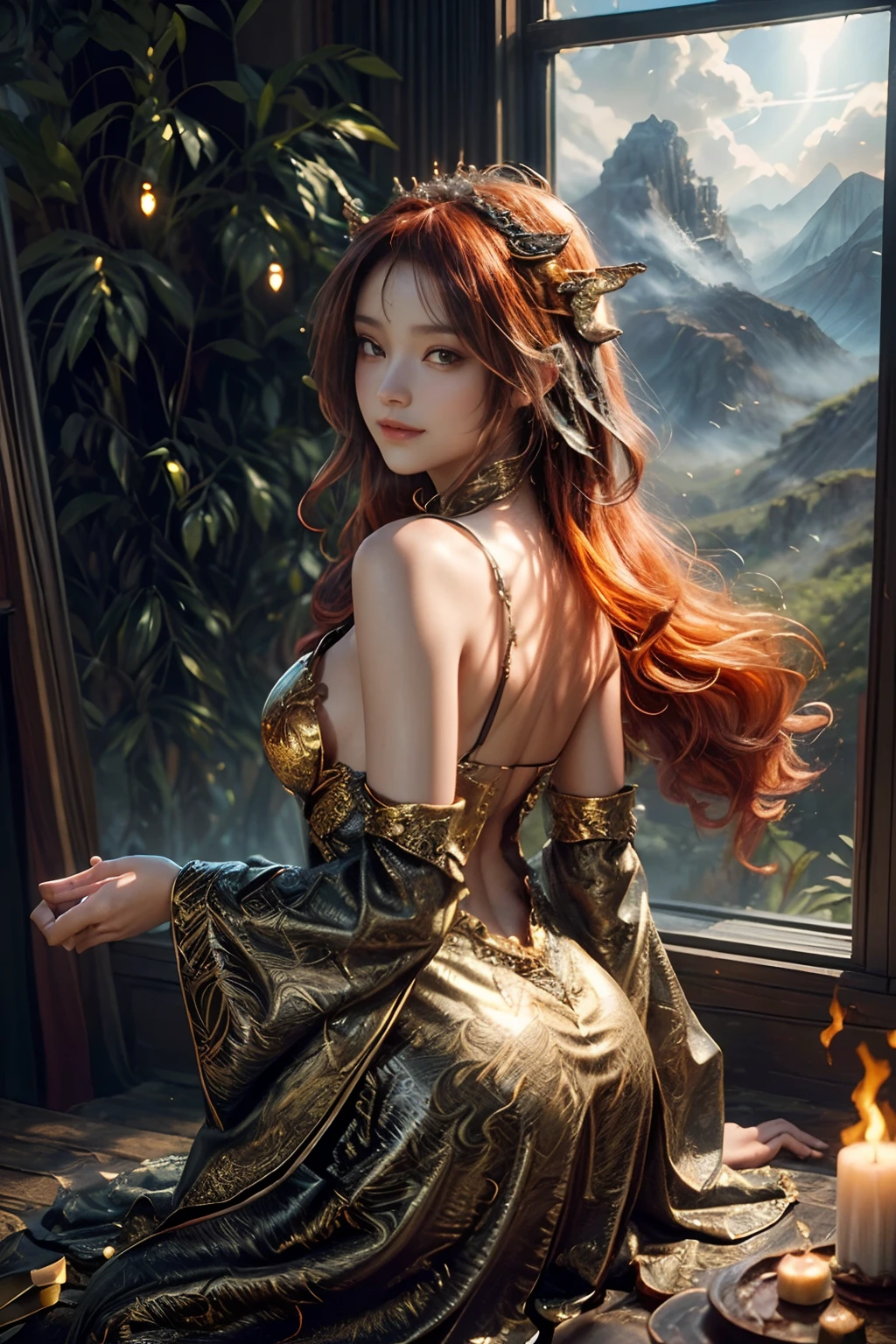Girl with dragon wings, looking at viewert, Behind it are large wings, Beautiful big wings, ((Realistis, photo-realistic: 1.3), Smiling, rejoice, Extremely refined and beautiful, astounding, finedetail, intricate complexity, (((Dragon, Surrounded by flames, Black mountains, the trees, magma, ventania, Long wavy body, hiquality, The is very detailed, Epic))), particle fx, Dynamic effects, Surround sound, Clouds, the sunset, sharp-focus, volume fog, 8K Ultra HD, Digital SLR, hiquality, (Film grains: 1.4), Fujifilm XT3,offcial art, 统一 8k 壁纸, Super detailed, Beautiful and beautiful, best qualityer, (s fractal art: 1.4), 复杂, ultra detialed, (dent in the skin), Woman's, Detailed body, (Detailed face: 1.1) Meditate on Buddha statues, Absurd long hair, Pale golden eyes, Looking at the audience, subtle pattern, Pedras preciosas, a gold, diamonds, Fine feathers,,,,,luz eenvolvente, Holiness, The light from the back window is backlighted, On the contrary, Girl with horn ornaments on her head, Girl with orange hair