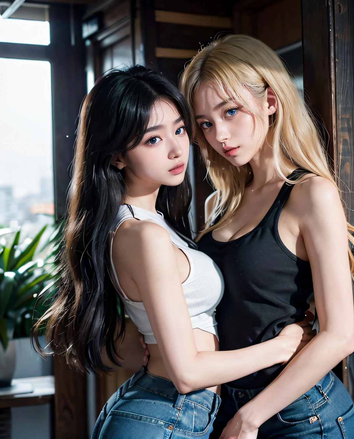 Girls of 25 years old twins 1st with long straight white loose hair, 2°, long loose straight black hair, tennis uniform, big breasts, Wide hips, sexy thin waist, big blue eyes 