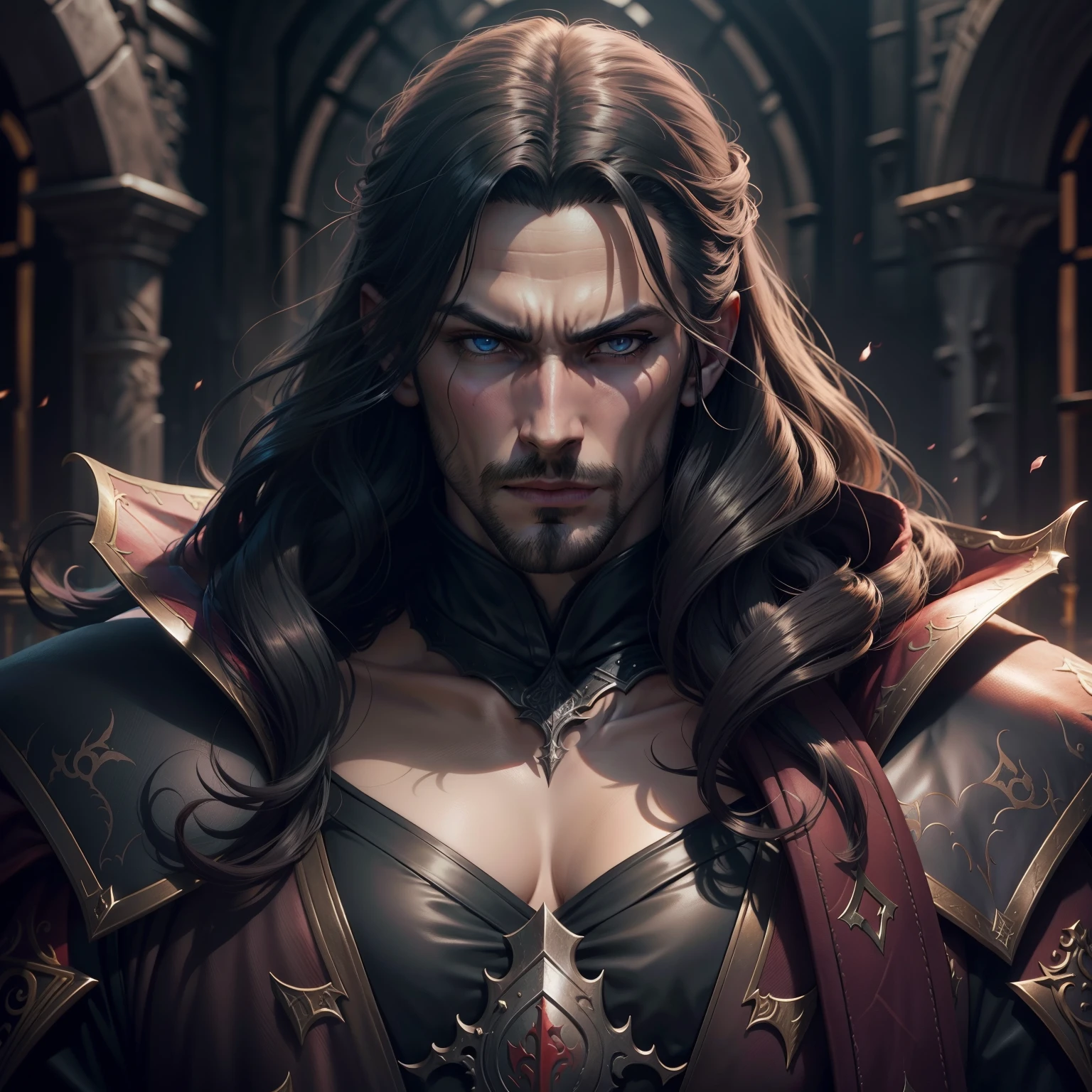 Castlevania Lord of Shadows Dracul's Face, crying sound, angry, Glowing eyes sexy face highly detailed surreal masterpiece, 16th century Russia, Palace,