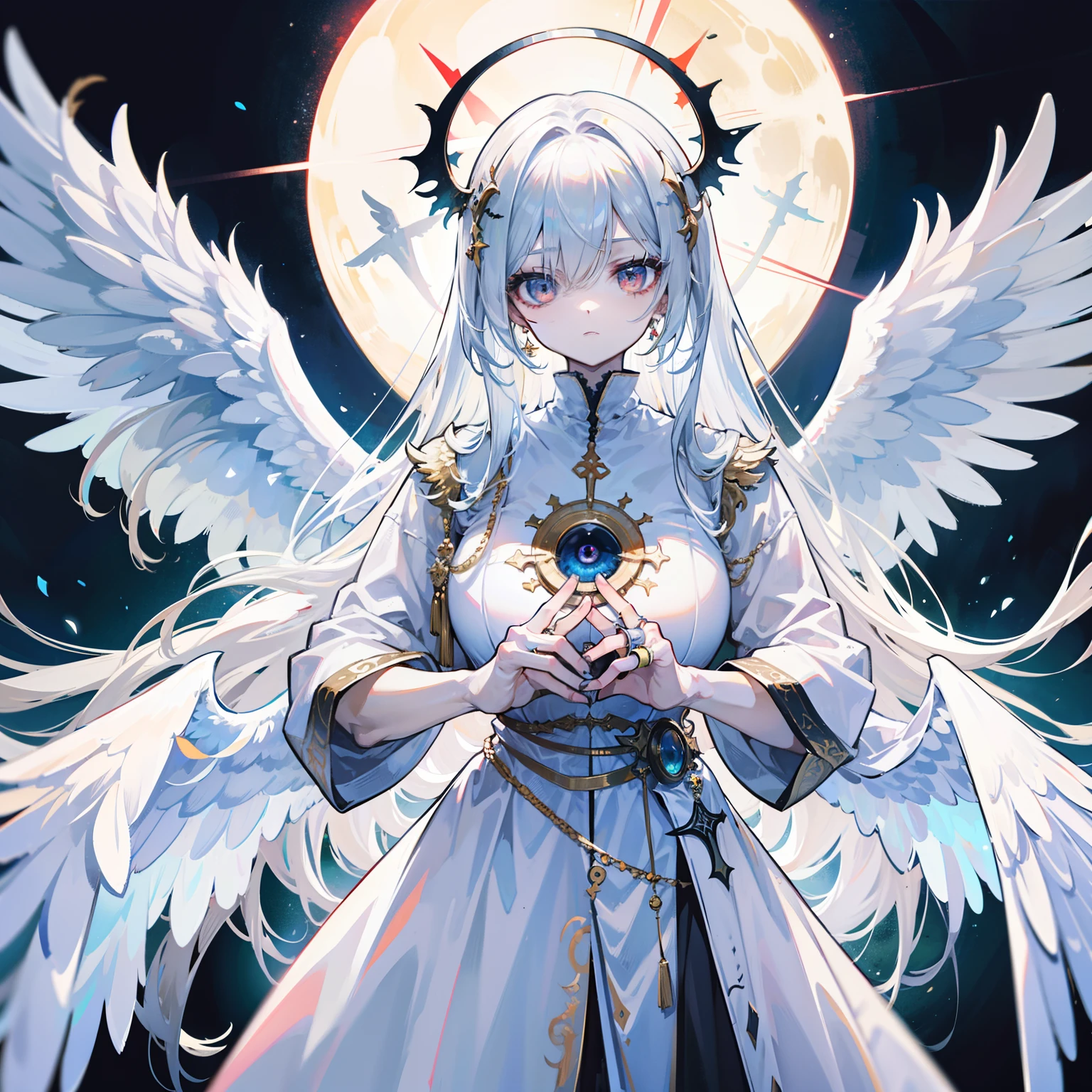A holy-looking monster angel,His entire body consists of huge one-eyed,and a metal ring around a one-eyed eye,The rings are crawling with eyeballs,Long has many wings on white holy angels
