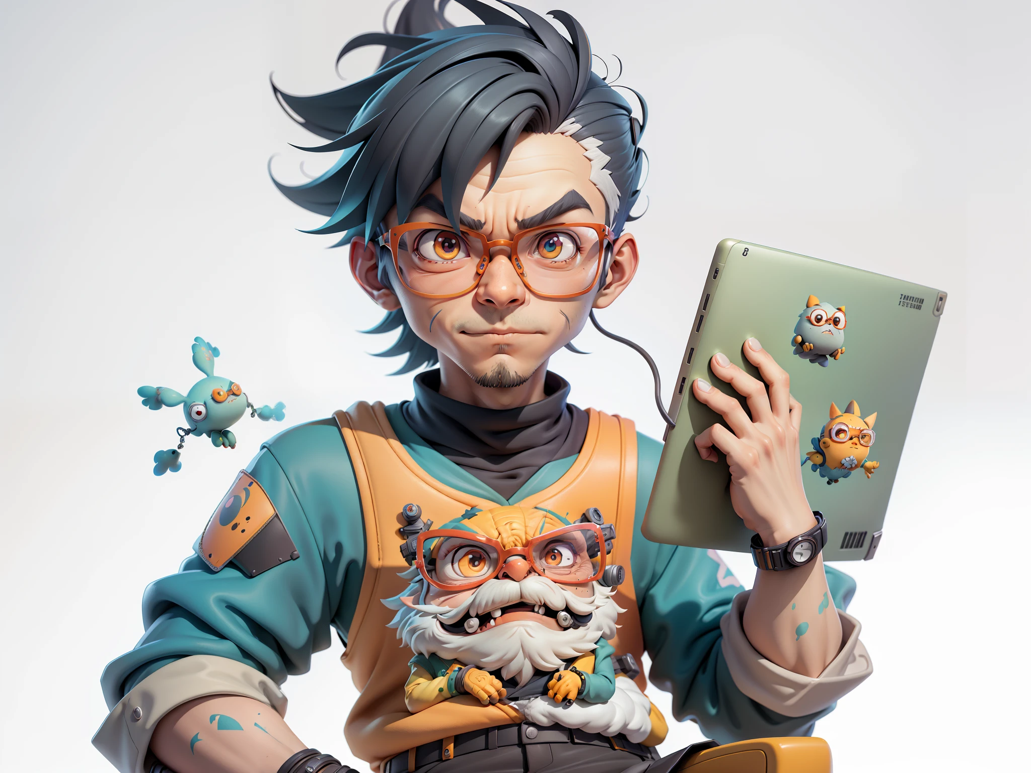 A young man with glasses sits at his desk，holding laptop，digitial painting，3D character design by Mark Clairen and Pixar and Hayao Miyazaki and Akira Toriyama，4K HD illustration，Very detailed facial features and cartoon-style visuals。