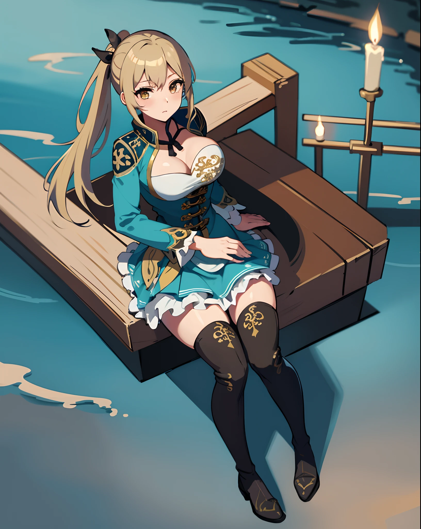 best quality, (masterpiece:1.2), illustration, absurdres,
(1girl, solo), (beautiful detailed girl), (cute:0.4), 
Wang Yuanji, blonde hair, ponytail, brown eyes, large breasts, 
aqua dress, ornate dress, cleavage, aqua skirt, black thigh boots, thighhigh boots, high heels,
blush, looking at viewer, 
(chinese architecture background), 
sitting, cowboy shot, full body,