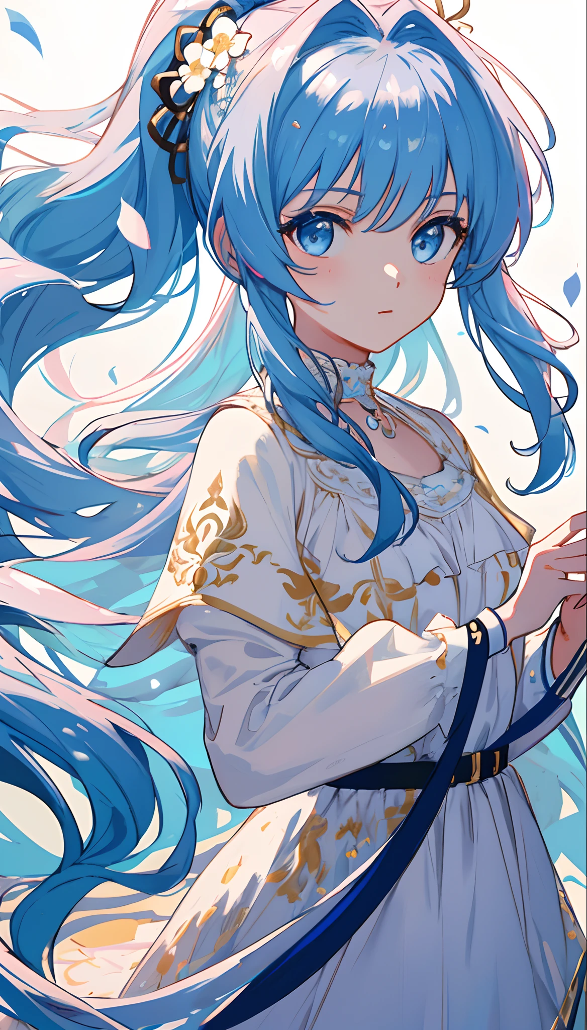 (masterpiece), (best quality), (ultra detailed),(disheveled hair),(illustration), (1girl), (Fashionable clothing), standing, Fashion model, looking at viewer, (interview), (simple background),beautiful detailed eyes, delicate beautiful face, Floating,(high saturation),(colorful splashes),colorful bubble,(shining), focus on face,  ponytail, kamisato ayaka, light blue hair, bangs, hair ring, floating flowers, floating hairs, (shining), best lighting, best shadow,