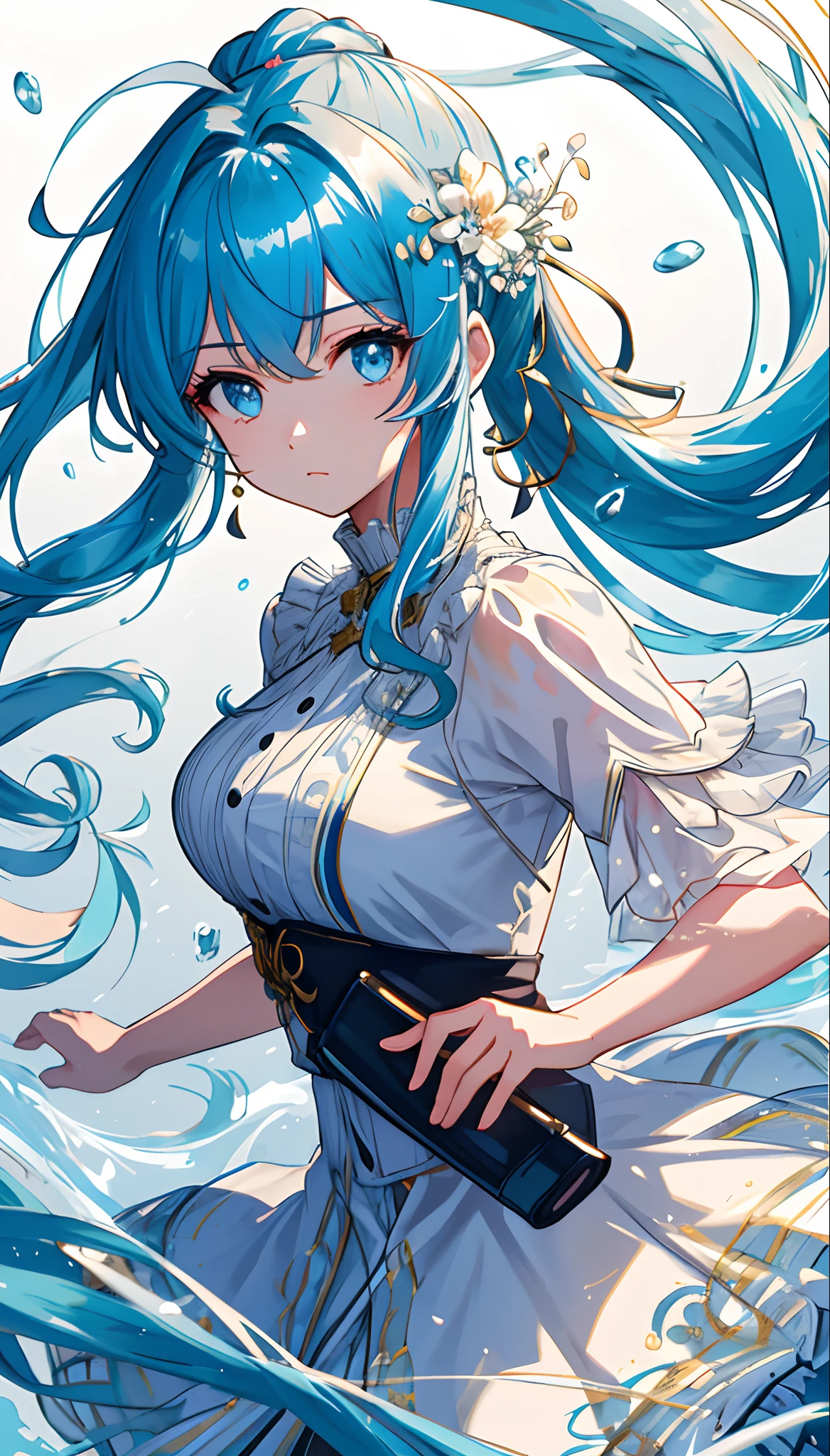 (masterpiece), (best quality), (ultra detailed),(disheveled hair),(illustration), (1girl), (Fashionable clothing), standing, Fashion model, looking at viewer, (interview), (simple background),beautiful detailed eyes, delicate beautiful face, Floating,(high saturation),(colorful splashes),colorful bubble,(shining), focus on face, ponytail, kamisato ayaka, light blue hair, bangs, hair ring, floating flowers, floating hairs, (shining), best lighting, best shadow,