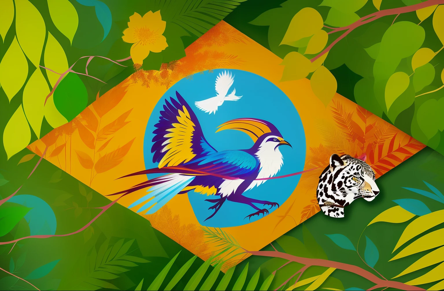 uma Arte realista de uma cena de selva com um tucano, leopardo, e outros animais, Artwork, ecological art , 8 k, fantasia, Papel de parede anime 4k, Arte digital altamente detalhada em 4k, 8k arte detalhade alta qualidade, Anime Wallpaper 4k, 4k anime wallpapers, , Arte digital detalhada em 4k, Anime Art Wallpaper 4K, Anime Art Wallpaper 4K