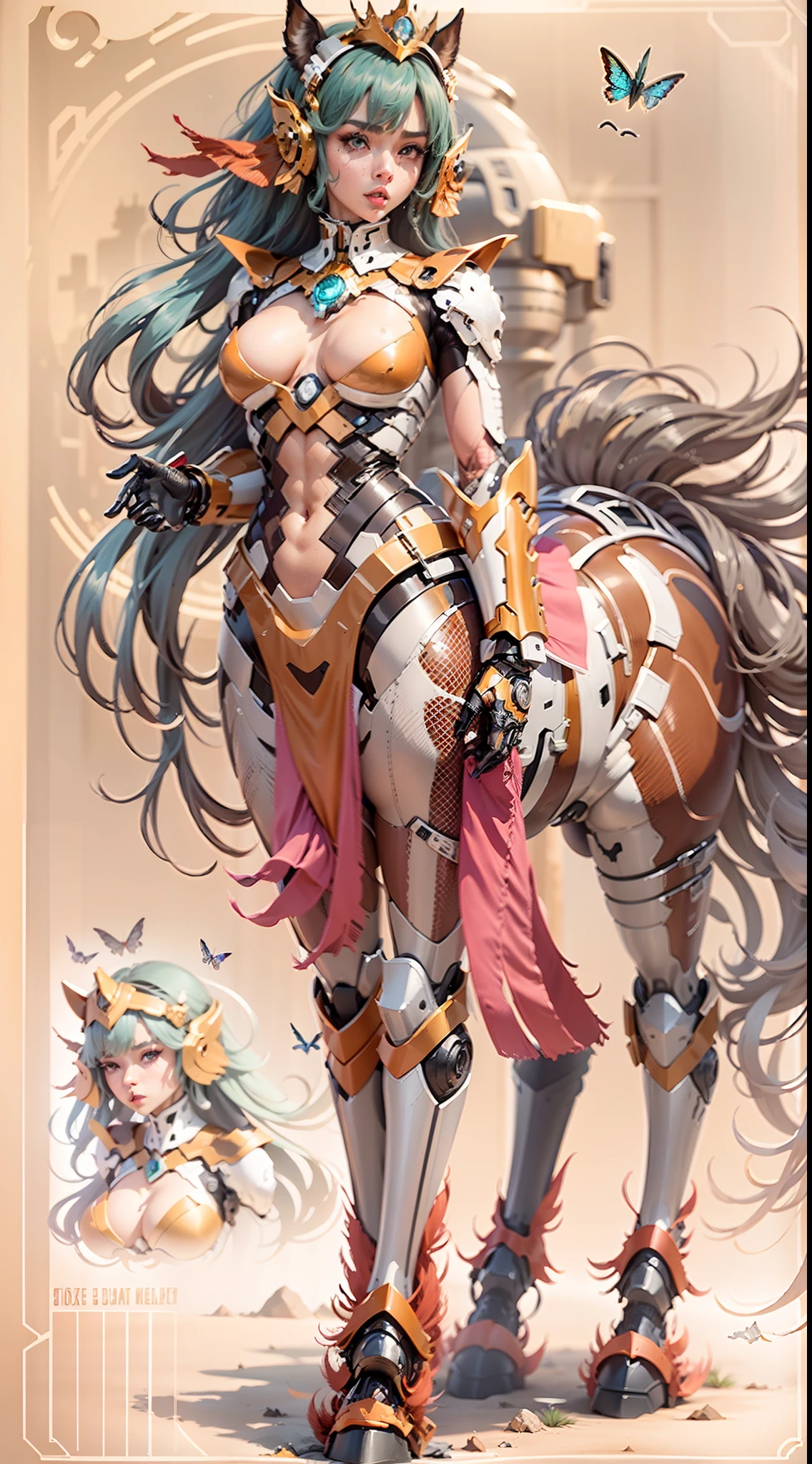 (A female centaur:1.5),She is both(Female: Centaur, half human, half horse, half horse, half horse:1.5),It is also a female Yingzhao。She blends both images,The first is:((The head of the horse/neck/Shoulder these parts,Replaced with a beautiful female human upper body):9.9),'s(Female, half-centaur, half-human, half-horse, half-human:1.5),The second is:((The head of the horse/neck/lower back/hason/gluteal/Shijo Thigh Female Embodiment):9.9),'s(Seamless chimera of a female half-horse with a beauty:9.9),(It's like a chimera of a female human and a half-horse costume:9.9),This chimerism is based on a strong future(Technologie:1.5)above。The ultra-wide-angle lens captures the image of her beautiful and ethereal wings on the ionosphere launching a super-high-speed charge and leaping。Her front half is distinctly feminine,Tall sexy body,possessed(K cup giant coconut tit chest:9.9),Has(Narrowed small brute waist 5.5)、Butterfly cross、(Long legs:9.9),The embedded interface of the bent female metamorphosis part of the back half of the body is at the hip position of the front half of the body。(The horse-shaped, half-horse torso form of her back body is completely female humanization9.9)。Translucent fluid flowing from the(Narrowed sternum 5.5)The upper end begins to embed the chest cavity of a woman in the shape of a bent dog style at the back of the beautiful woman's body/lower back/Ventral transverse。Then there are the sexy beauty's upright hips,(Her entire body has been completely female and replaced by a female body:9.9),Including the half-horse part。Mechanized armor covers the legs with knee-shaped anti-joints and feet,And these parts are highly anthropomorphic,This makes her legs graceful and slender,Her four horse legs exploded in length proportions and was slender and toned,Under the legs are skinny white feet dressed in Skyscraper Heels,Use Midjourney's advanced stroke tools and color palettes, as well as texture packs, model packs, and texture tools,Concentration,Include
