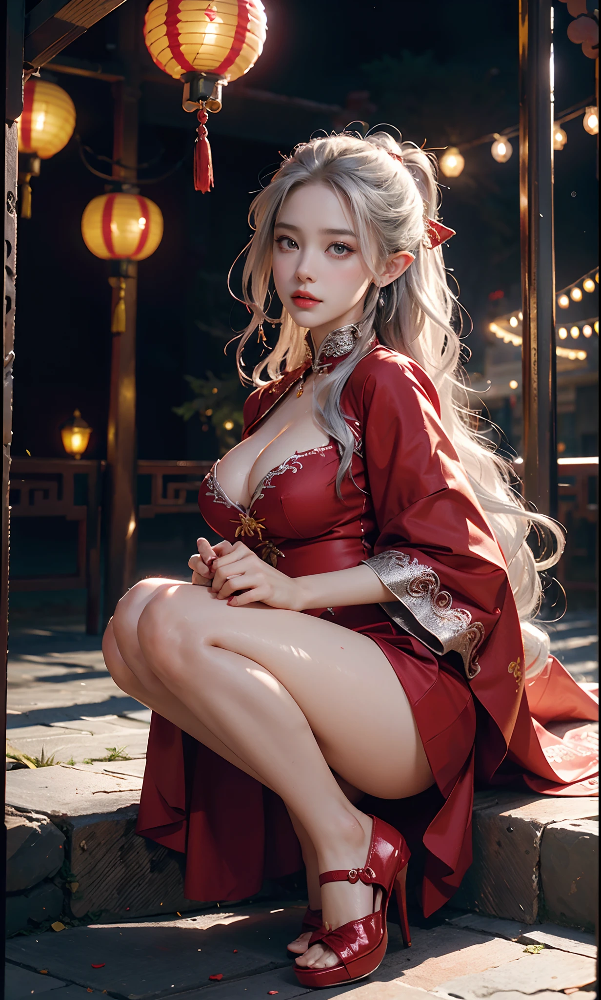 (Redcoat:1 silver-haired girl, Normal posture), tmasterpiece, best qualtiy, RAW photogr, realisticlying, the face, Incredibly Ridiculous res, Beautiful elf beauty, ear studs,Get wet all over, (Long silver hair), (Red wedding dress+),Chinese silk long dress,(Red cloth shoes+),depth of fields, A high resolution, ultra - detailed, filigree, RAWE is very detailed, very detailed eyes and faces, Sharp pupils, realistic pupil, tack sharp focus, cinmatic lighting,full bodyesbian,Bigboobs,long leges,From the front side,ancient Chinese town,Lanterns,Tanabata,Lights of all homes,A faint red glow,dynamicposes