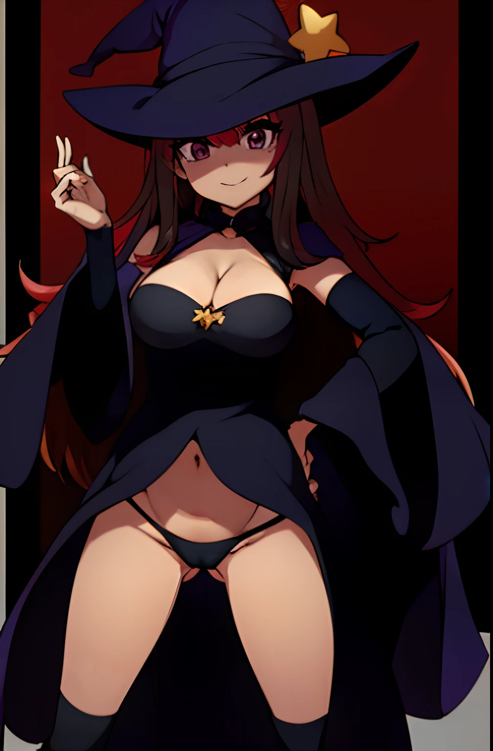 a cartoon image of a sexy witch with a star on her hat, flirty anime witch, thicc, mighty plump female sorceress, witch academia, marin kitagawa fanart, commission for high res, ayaka genshin impact, pretty sorceress, fullbody commission for, witch girl, large breasts, oc commission, zerochan, agawa ryo, atyle of agawa ryo, pelvic curtain, cameltoe, wide hips, lace under dress, revealing dress, cleavage, belly cutout, pubic tattoo on underbelly