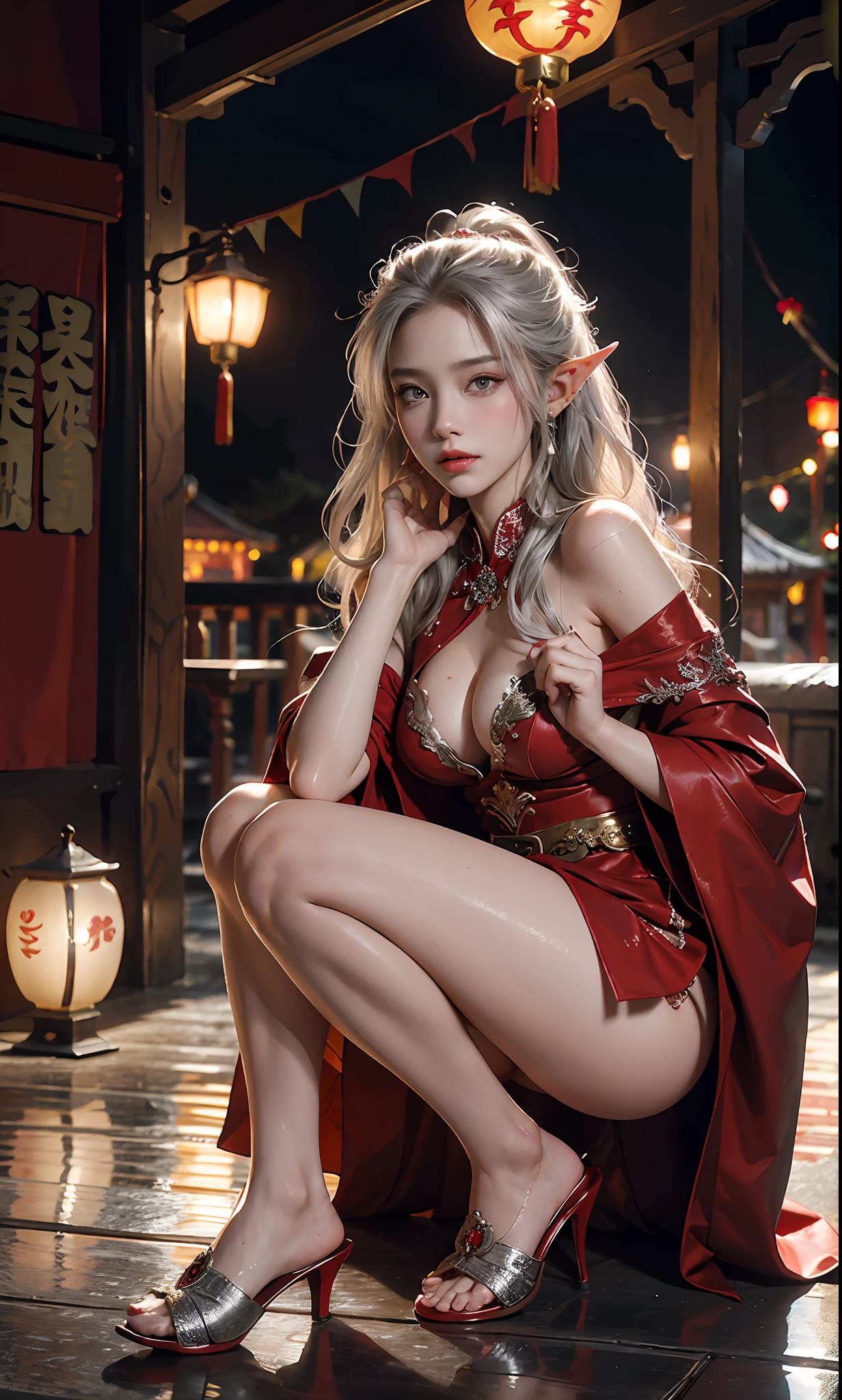 （Redcoat：1 silver-haired girl, Normal posture）， tmasterpiece， best qualtiy， RAW photogr， realisticlying， the face， Incredibly Ridiculous res， Beautiful elf beauty， ear studs，Get wet all over， (Long silver hair)， (Red wedding dress+)，Chinese silk long dress，(Red cloth shoes+)，depth of fields， A high resolution， ultra - detailed， filigree， RAWE is very detailed， very detailed eyes and faces， Sharp pupils， realistic pupil， tack sharp focus， cinmatic lighting，full bodyesbian，Bigboobs，long leges，From the front side，ancient Chinese town，Lanterns，Tanabata，Lights of all homes，A faint red glow，dynamicposes