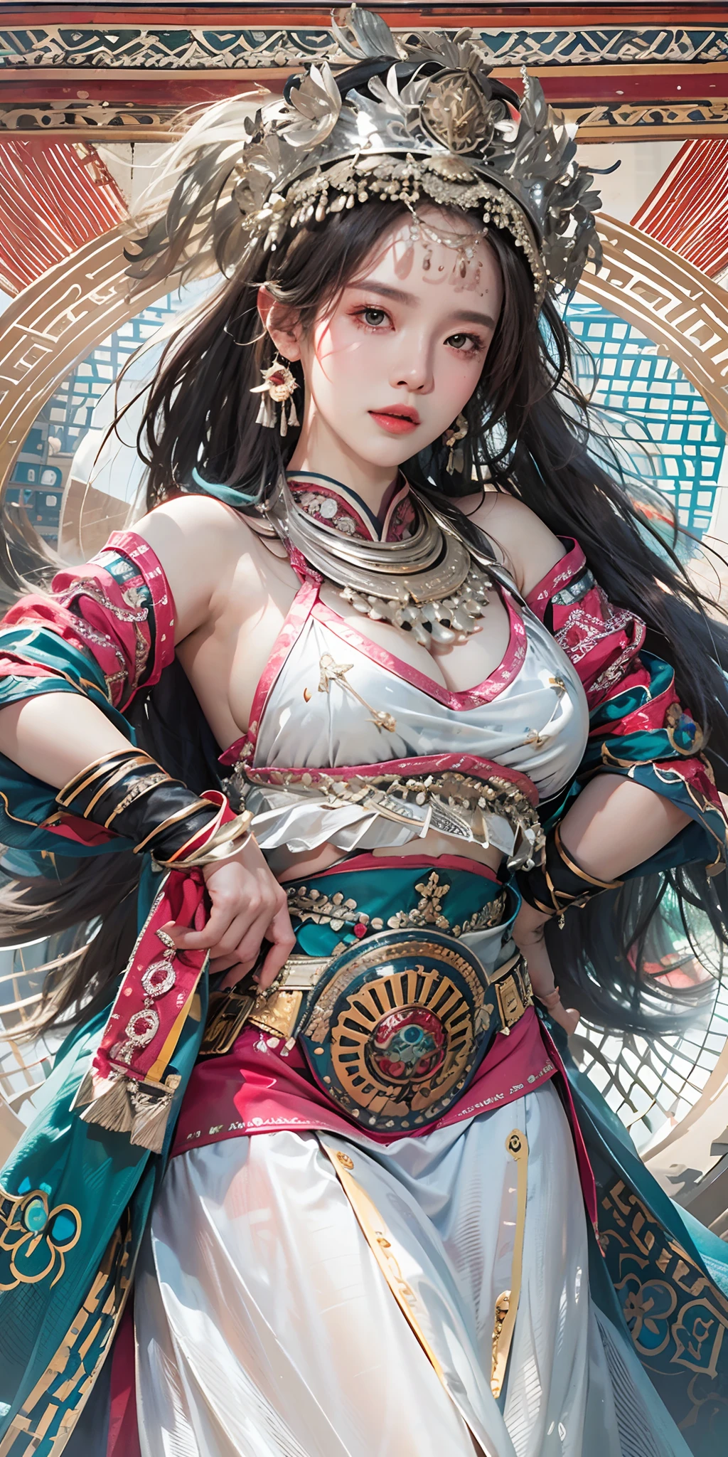 Photorealistic, high resolution, Soft light,1womanl, Solo, Hips up, shiny skins, (Detailed face), plateau,Blue sky,Rice fields,extreme detailed details,torogao, Hmong clothing, crown,huge-breasted,big breasts thin waist,long leges,nakeness,Bare breasts
