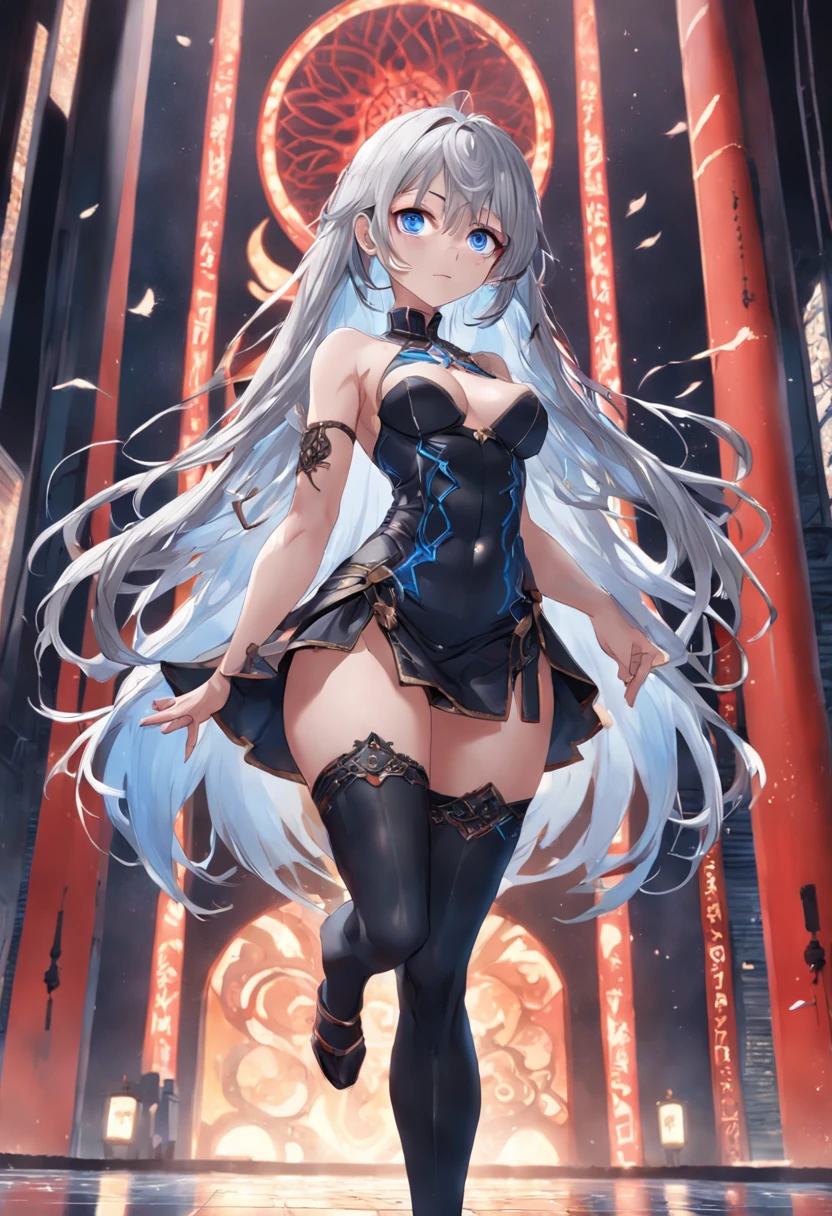 Blue eyes, Silver Hair, Very long hair, thighs thighs thighs thighs, red socks, Black footwear, medium breasts⁩, (full body Esbian:1.2), (Realistic:1.2), (Realism:1.2), (masutepiece:1.2), (Best Quality), (ultra-detailliert), (Convoluted), (85 mm), light Particle, Lighting, (Highly detailed:1.2), (Detailed face:1.5), (gradients), SFW, Colorful, (Detailed eyes:1.5), (Detailed background), (rule of third_Composition:1.3), Wide Shot, Belly dance