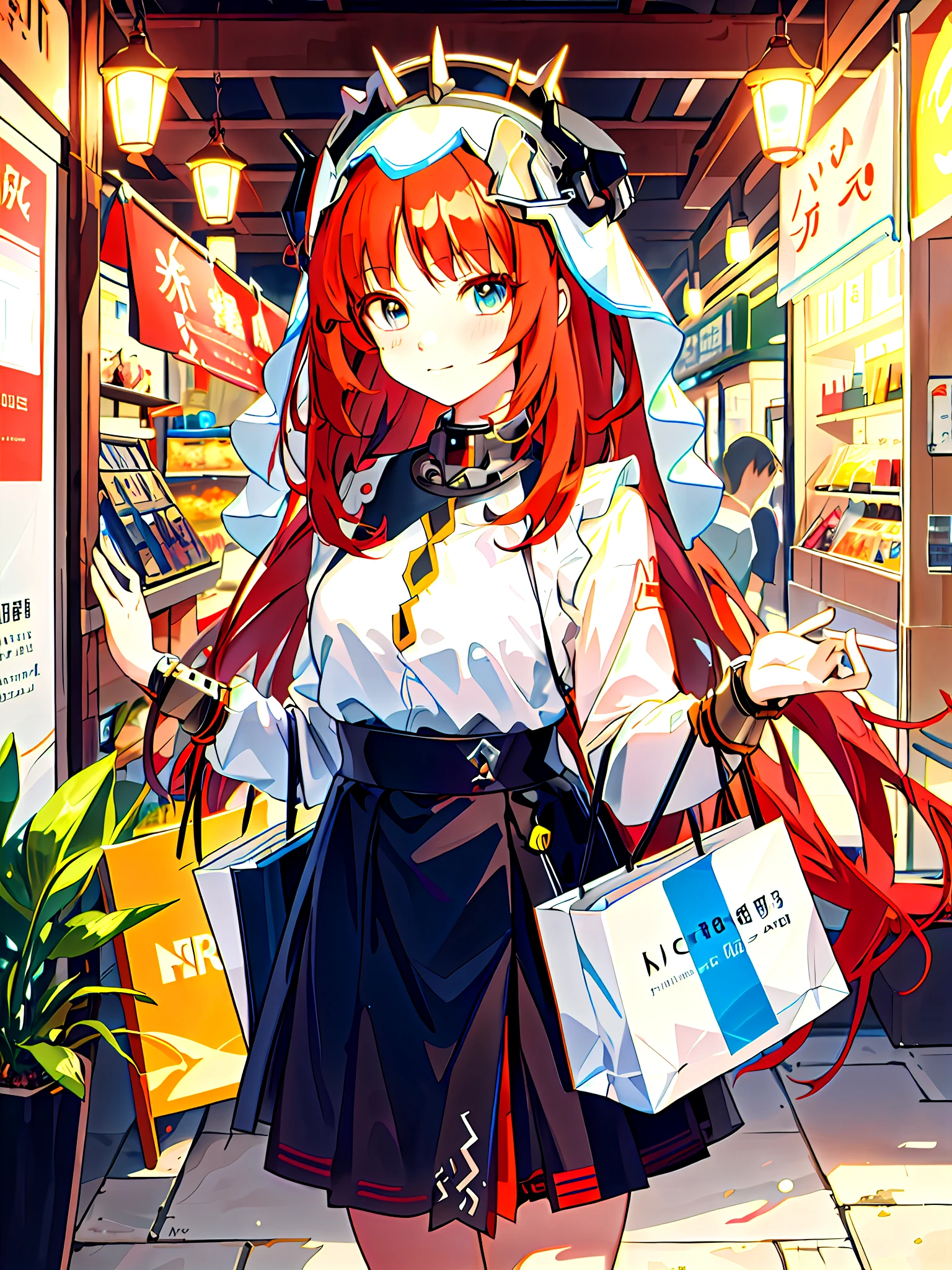 Anime girl with red hair and white shirt and black skirt, Trending on ArtStation pixiv, anime style 4 k, zerochan art, from arknights, digital anime illustration, Cyborg merchant girl, best anime 4k konachan wallpaper, guweiz on pixiv artstation, [ 4 k digital art ]!!, digital art on pixiv