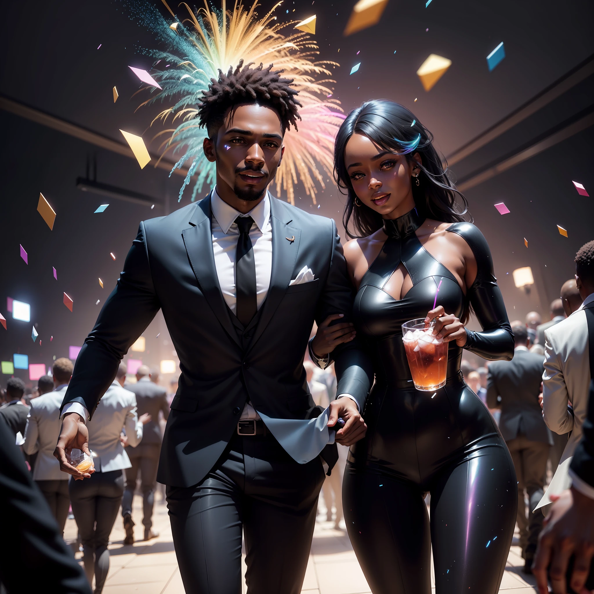 Black people in suits at a party with drinks, food, confetti falling in air, happy people, with iridescent light, highly detailed images, vibrant beautiful colours, photorealistic image, 8k, ultra HD, unreal engine rendered, cinematic lighting, artgerm style,