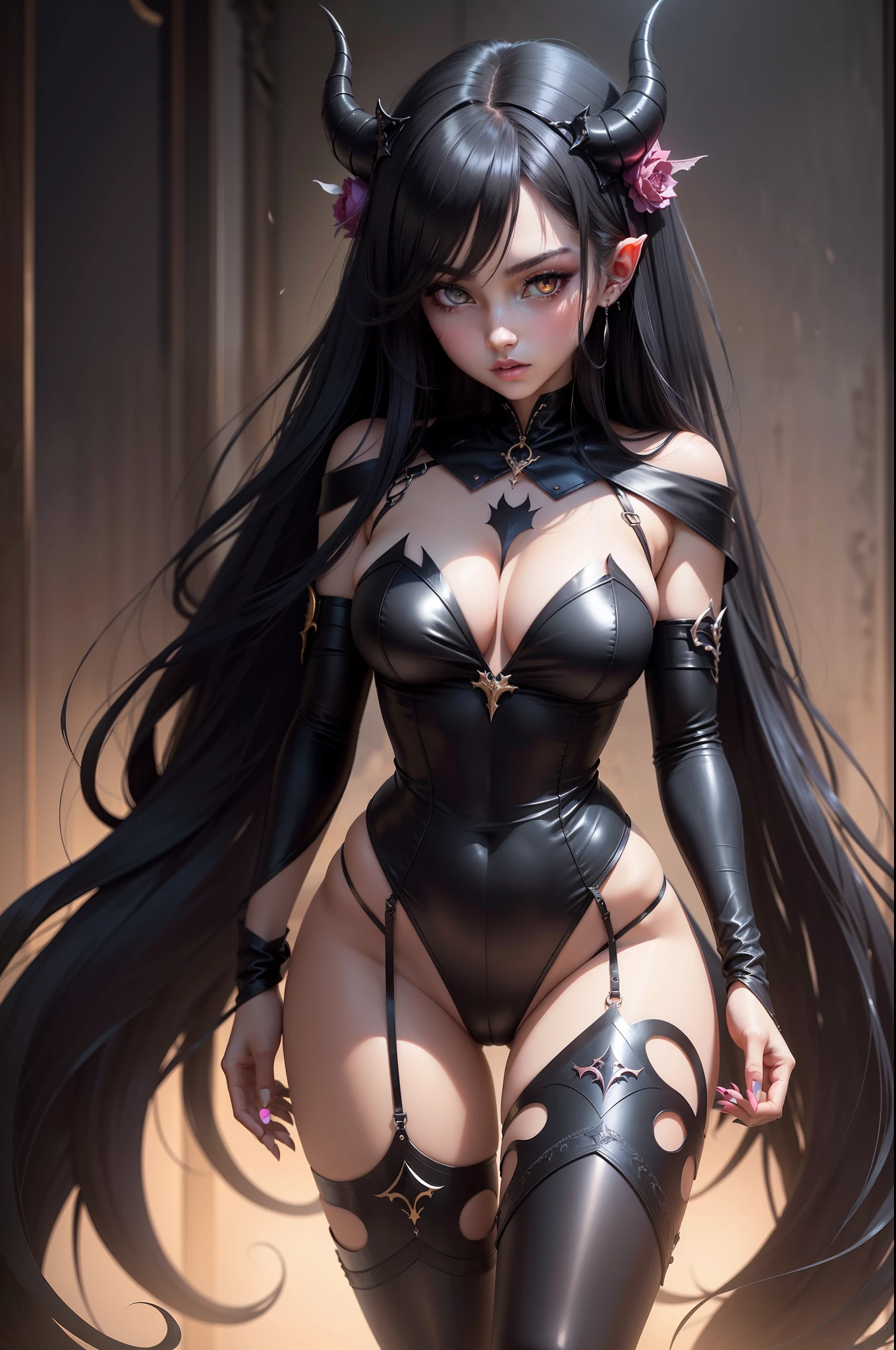 succubi，femele，whaite hair，black-clad，Beautiful face，Beautiful eyes，Black eyes，teens girl，Full body like