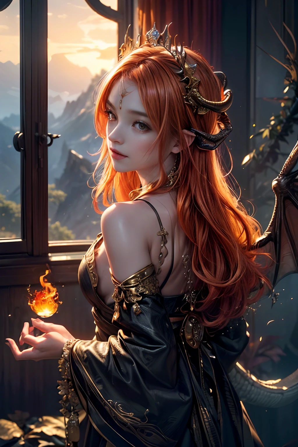 Girl with dragon wings, looking at viewert, Behind it are large wings, Beautiful big wings, ((Realistis, photo-realistic: 1.3), Smiling, Rejoice, Extremely refined and beautiful, astounding, finedetail, intricate complexity, (((Dragon, Surrounded by flames, Black mountains, the trees, magma, ventania, Long wavy body, hiquality, The is very detailed, Epic))), particle fx, Dynamic effects, Surround sound, Clouds, the sunset, sharp-focus, volume fog, 8K Ultra HD, Digital SLR, hiquality, (Film grains: 1.4), Fujifilm XT3,offcial art, 统一 8k 壁纸, Super detailed, Beautiful and beautiful, best qualityer, (s fractal art: 1.4), 复杂, ultra detialed, (dent in the skin), Woman's, Detailed body, (Detailed face: 1.1) Meditate on Buddha statues, Absurd long hair, Pale golden eyes, Looking at the audience, subtle pattern, Pedras preciosas, a gold, diamonds, Fine feathers,,,,,luz eenvolvente, Holiness, The light from the back window is backlighted, On the contrary, Girl with horn ornaments on her head, Girl with orange hair