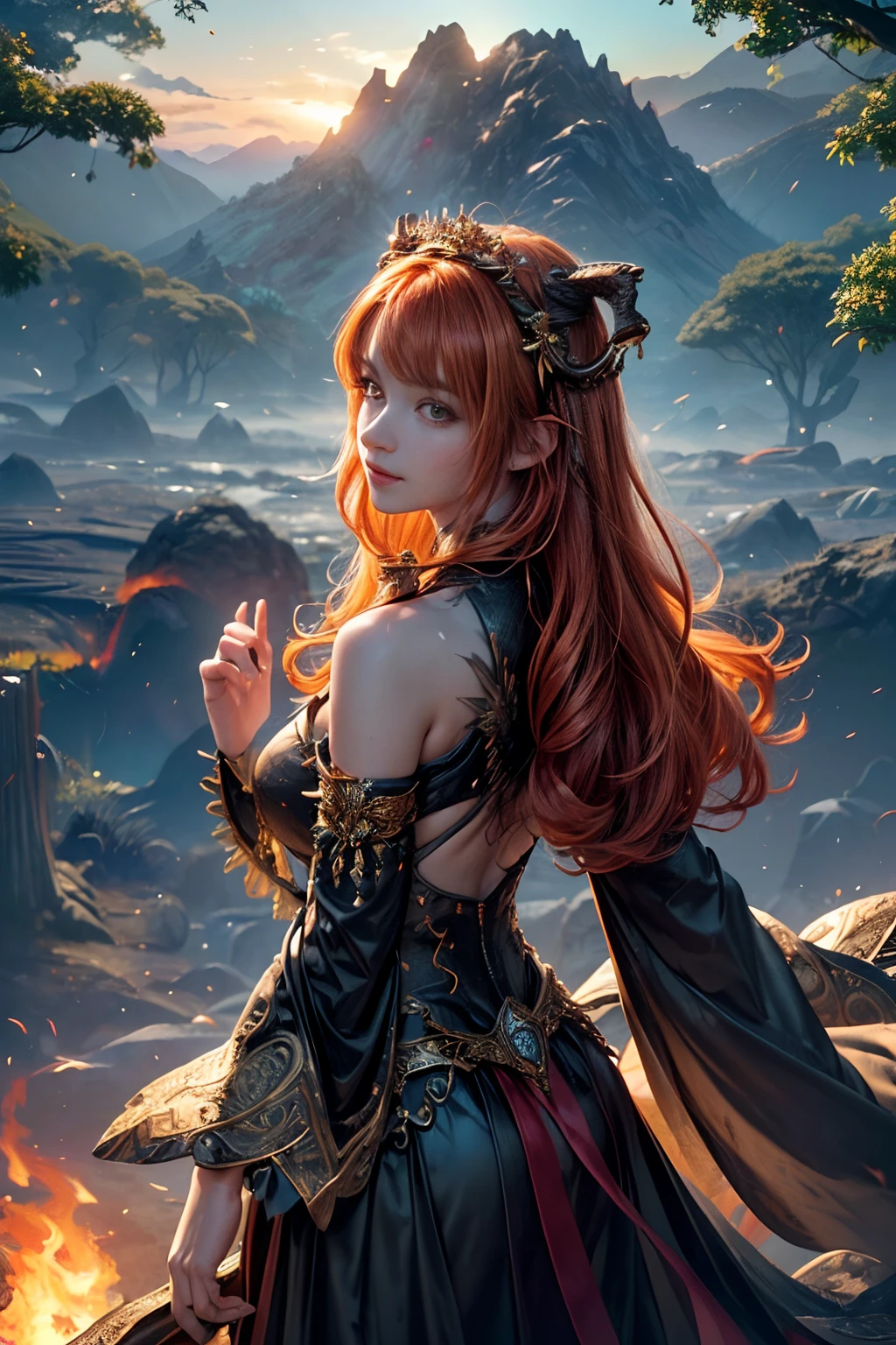Girl with dragon wings, looking at viewert, Behind it are large wings, Beautiful big wings, ((Realistis, photo-realistic: 1.3), Smiling, Rejoice, Extremely refined and beautiful, astounding, finedetail, intricate complexity, (((Dragon, Surrounded by flames, Black mountains, the trees, magma, ventania, Long wavy body, hiquality, The is very detailed, Epic))), particle fx, Dynamic effects, Surround sound, Clouds, the sunset, sharp-focus, volume fog, 8K Ultra HD,  Digital SLR, hiquality, (Film grains: 1.4), Fujifilm XT3,offcial art, 统一 8k 壁纸, Super detailed, Beautiful and beautiful, best qualityer, (s fractal art: 1.4), 复杂, ultra detialed, (dent in the skin), Woman's, Detailed body, (Detailed face: 1.1) Meditate on Buddha statues, Absurd long hair, Pale golden eyes, Looking at the audience, subtle pattern, Pedras preciosas, a gold, diamonds, Fine feathers,,,,,luz eenvolvente, Holiness, The light from the back window is backlighted, On the contrary, Girl with horn ornaments on her head, Girl with orange hair