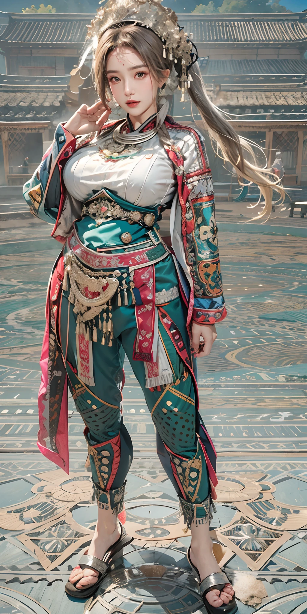 Photorealistic, high resolution, Soft light,1womanl, Solo, Hips up, shiny skins, (Detailed face), plateau,Blue sky,Rice fields,extreme detailed details,torogao, Hmong clothing, crown,huge-breasted,big breasts thin waist,long leges,nakeness,Bare breasts