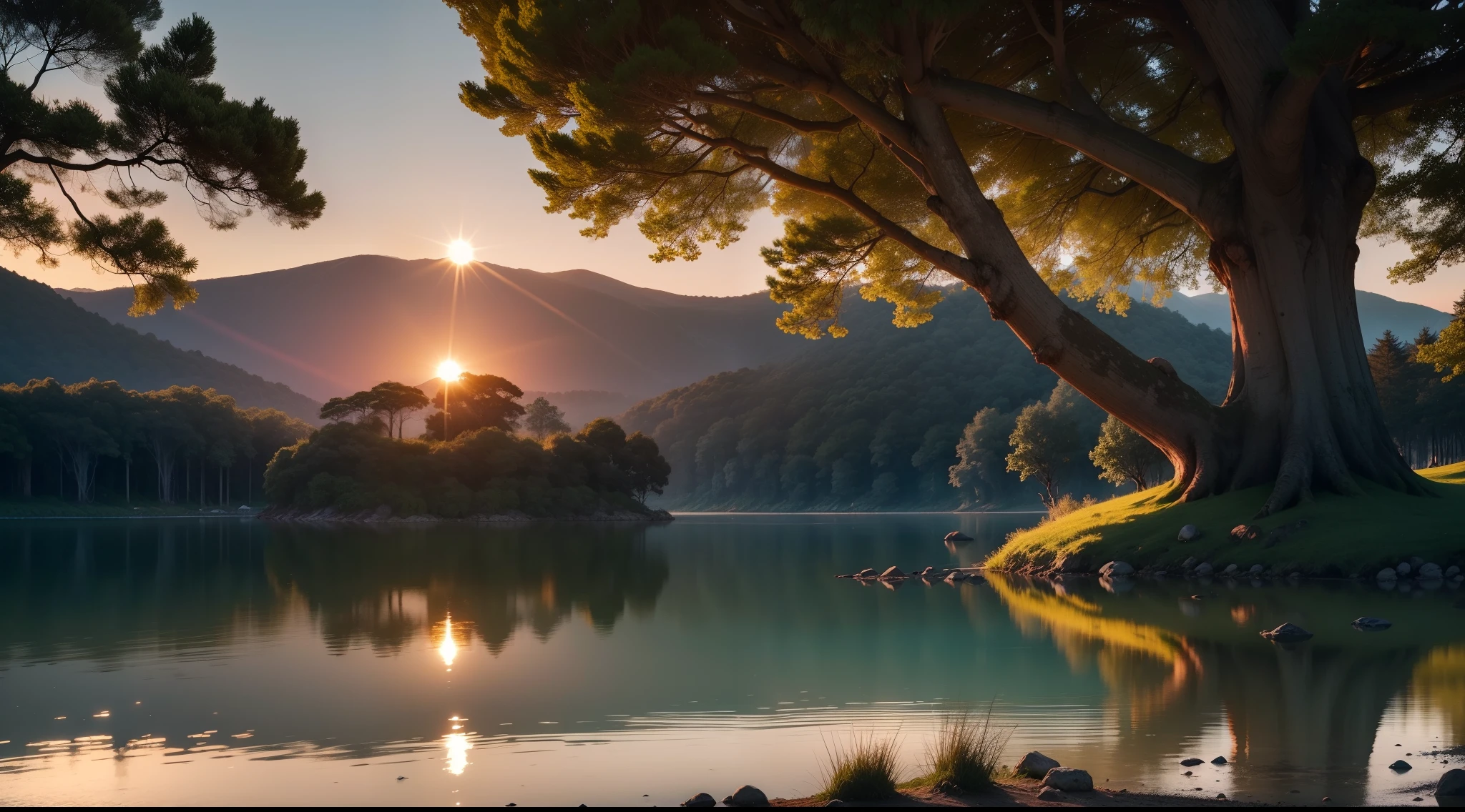 um ser meditativo sobre uma pequena ilha em um lago calmo ao por do sol e arvores nas laterais da imagem