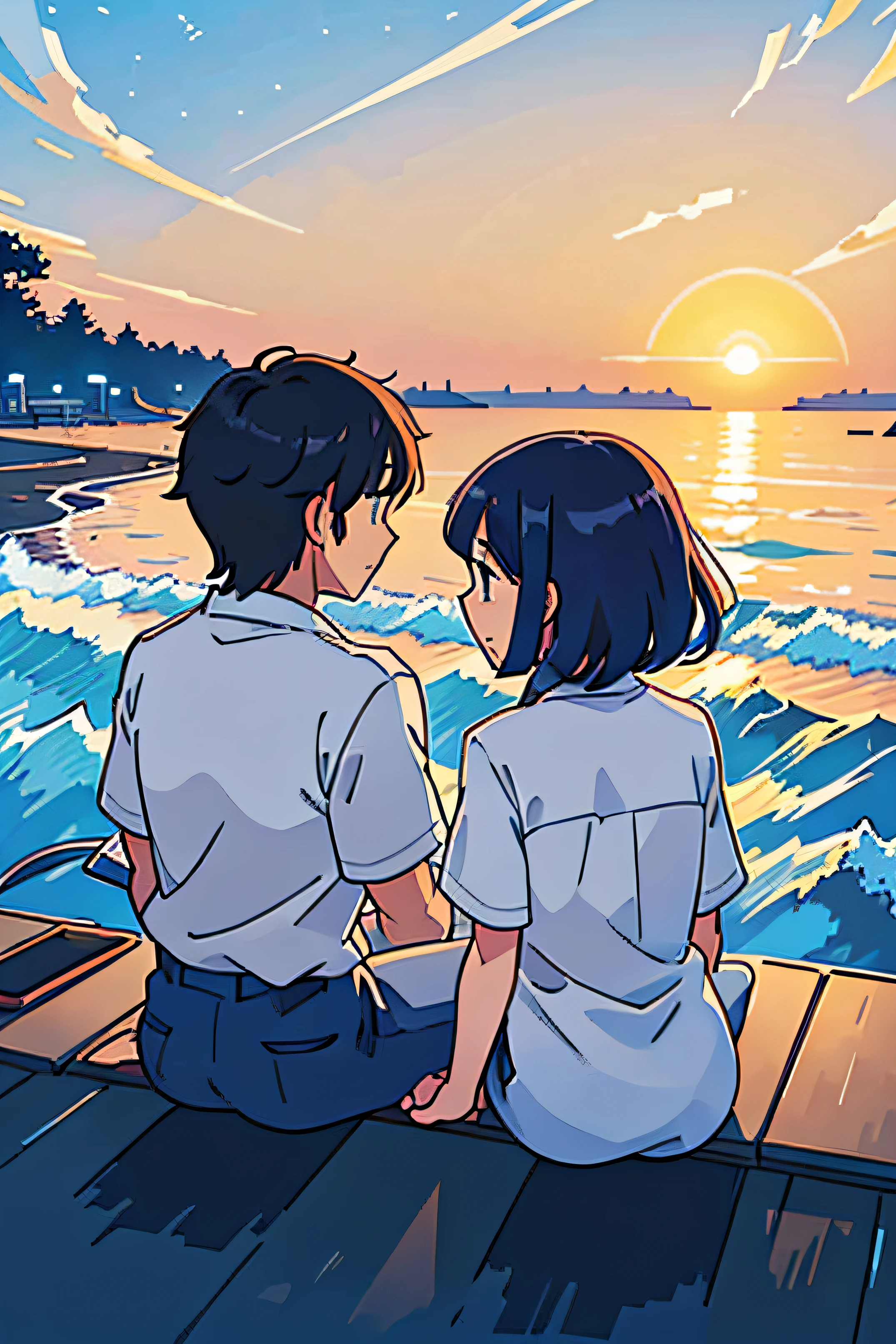 (top-quality:0.8)、(top-quality:0.8)、perfect anime illustration、Man and woman sitting on the seaside at sunset back to back、sideways Facing