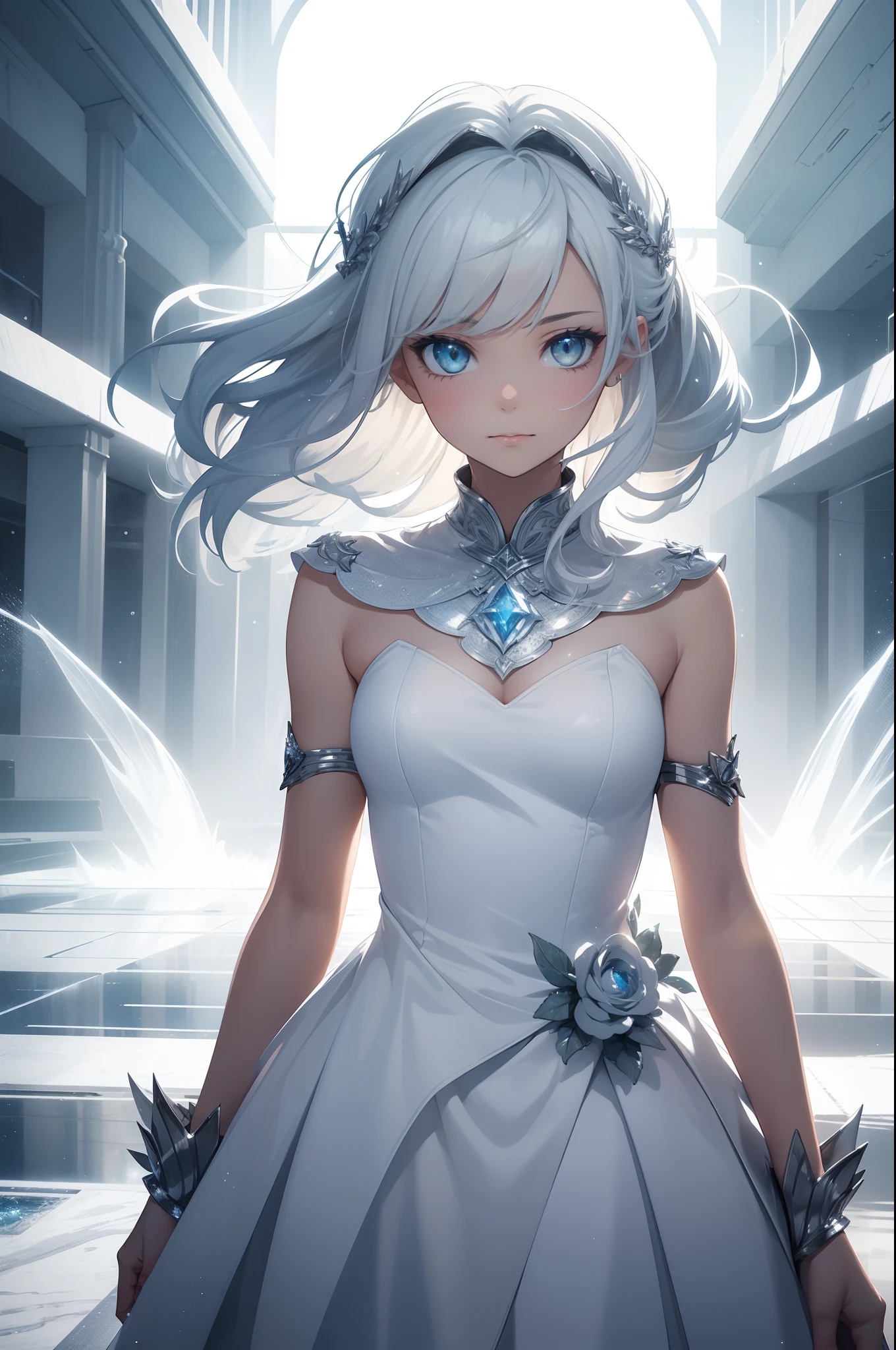 award winning 64k concept art of (1girl:1.2) in white majestic open dress standing proudly on the ice, posing, epic, god rays, centered, upper body, (masterpiece:1.2), (best quality:1.2), Amazing, highly detailed, beautiful, finely detailed, warm soft color grading, Depth of field, extremely detailed 64k, fine art, stunning, iridescent, shiny, (light reflections:1.2), (crisp:1.5), silver curls, big yellow crystal eyes, storm, vibrant, sunlit, (edge detection:1.2), impressive, 120mm, outlining, fashion style, elegant, top light, strong back light, 3D