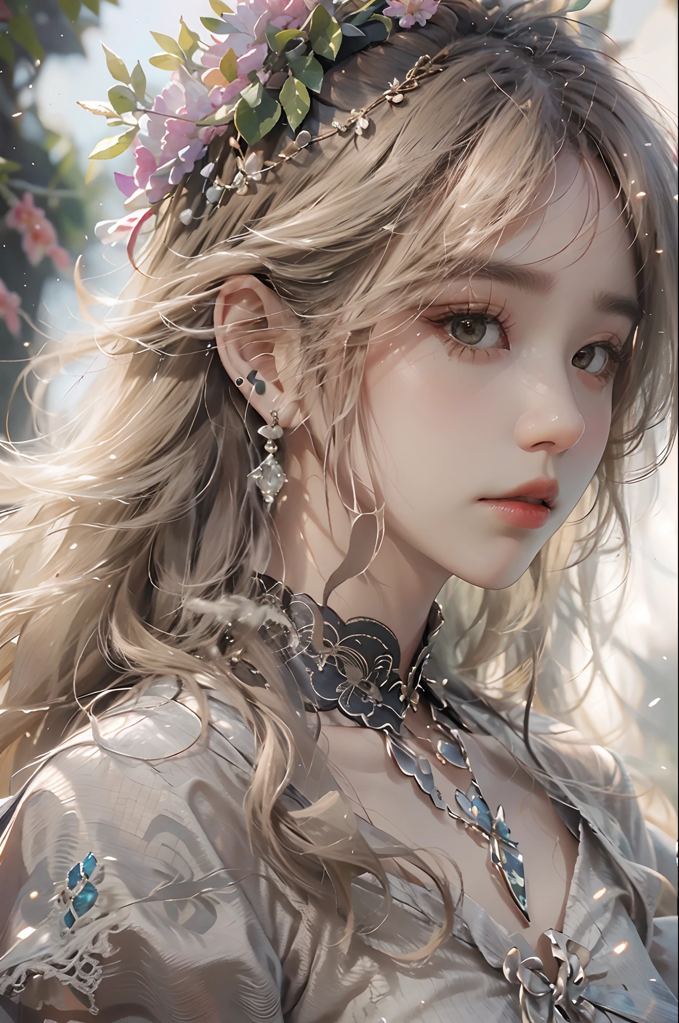 (Hyper-realistic) , (illustratio), (Increase the resolution), (8K), (RAW photos,best qualtiy),(realisticlying,photograph realistic:1.3),best qualtiy,highly detailed,tmasterpiece,Hyper-detailing,( the wallpaper), (详细的脸), 独奏,1girll,Moyou,Realistic, Universe, Lucy was wearing a full dress, hair flower, hair scrunchie, hair adornments, ribbon, Ribbon trim, Lace trim, necklace, jewelry, bangle, Stud earrings, choker necklace,Fantasyart,photographrealistic,动态照明,art stations,poster for,Volumetriclighting,Very detailed faces,4 k'',Award-Awarded,,1girll,in the darkness nigth,deep shading,low tune,Cowboy photos,(formal outfit:1.4),long whitr hair,whaite hair,