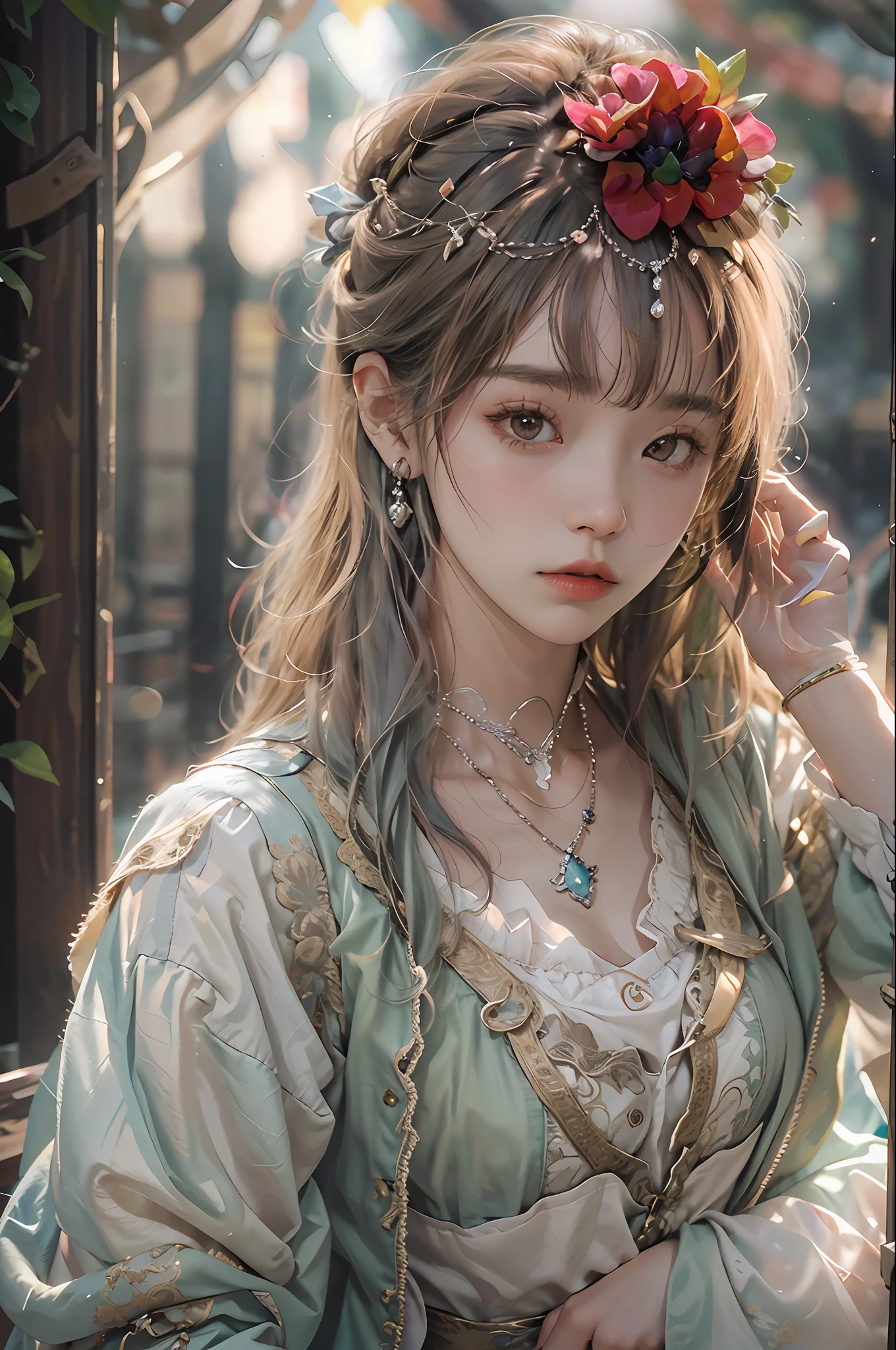 (Hyper-realistic) , (illustratio), (Increase the resolution), (8K), (RAW photos,best qualtiy),(realisticlying,photograph realistic:1.3),best qualtiy,highly detailed,tmasterpiece,Hyper-detailing,( the wallpaper), (详细的脸), 独奏,1girll,Moyou,Realistic, Universe, Lucy was wearing a full dress, hair flower, hair scrunchie, hair adornments, ribbon, Ribbon trim, Lace trim, necklace, jewelry, bangle, Stud earrings, choker necklace,Fantasyart,photographrealistic,动态照明,art stations,poster for,Volumetriclighting,Very detailed faces,4 k'',Award-Awarded,,1girll,in the darkness nigth,deep shading,low tune,Cowboy photos,(formal outfit:1.4),long whitr hair,whaite hair,