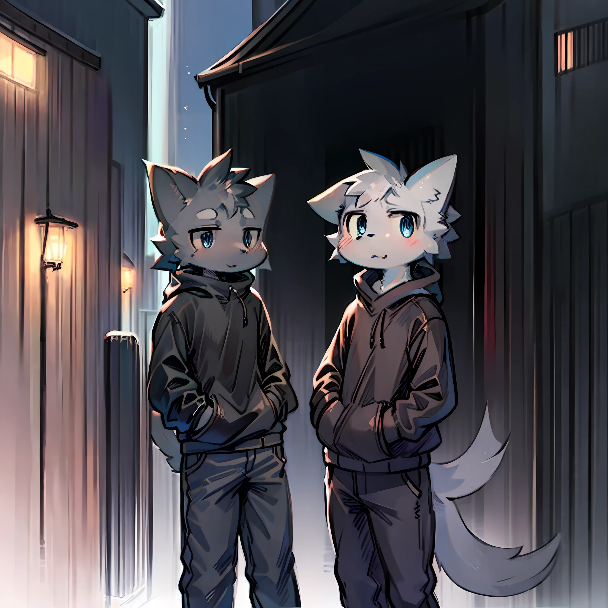 All staff side，walk，Anime style，Dark scene，Large background light source，five characters，The first one：hairy，************，Young Style，Handsome，Bright Eyes，Male wolf，Dark blue hair，White hair on the face，Blue Eyes ，Yellow ear hair，Eye hair，Tail blue and white，Gray blue coat，Casual shorts，With a hood，Height 1.6 meters，Calm。The second：hairy，************，Bright Eyes，Lovely，Male cats，White eyes，Blonde hair，White hair on face，Yellow and white tail，Grey short-sleeved shorts，casual-style，Height 1.6 meters，Wearing a cape，optimistic。The third：Furry Anthropomorphic，Deep eyes，************，Handsome，Male wolf，Gray-black hair，Big gray tail，Wrapped in a black scarf，Wearing a grey coat，Hands in pockets，trousers，Height 1.7 meters，mysterious，Calm。The fourth：Furry Anthropomorphic，Bright Eyes，************，Lovely，Male cats，White hair all over，White eyes，Height 1.6 meters，There are several black tree-like lines on the face，Blue windbreaker and shorts，The tail is slightly pale white，Calm。Fifth：Male yellowish white fur, ************，blue eyes, White hair (long), Wearing blue shorts and boxer shorts, Casual Clothing, Young Style, Height 1.7 meters, Handsome, Has a tail，Bright Eyes。