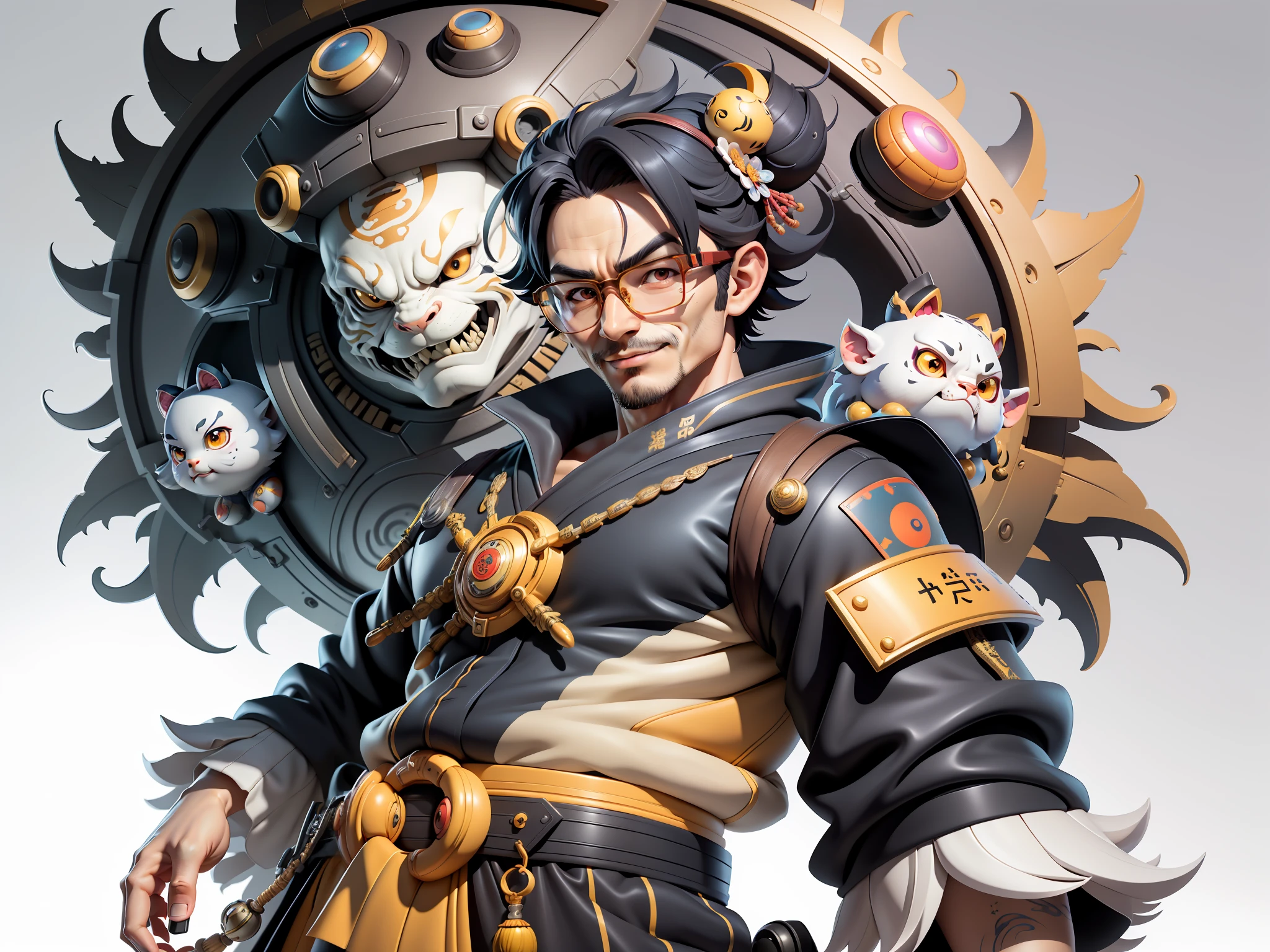 (Masterpiece), (Excellent), (Super Meticulous), (Full Body: 1.2), Super Young Man with Japanese Female Geisha, Pretty, Beautiful, Chinese Dragon, Tiger, Wind God Thor, Sexy, Bursting, Oriental Face, TV Anchor, Bust Portrait Illustration, Black Suit, Blue Tie, Slightly Chubby Face, Silver Glasses, Very Clean Face, No Beard on Chin, Black Super Short Hair, Black Eyes, Confident Smile, 3c Computer Sub-Products, iPad, iPhone, Digital Painting, 3D character design by Mark Clairedon and Pixar and Hayao Miyazaki and Akira Toriyama, the illustrations are HD illustrations in 4K resolution with highly detailed facial features and cartoon-style visuals.