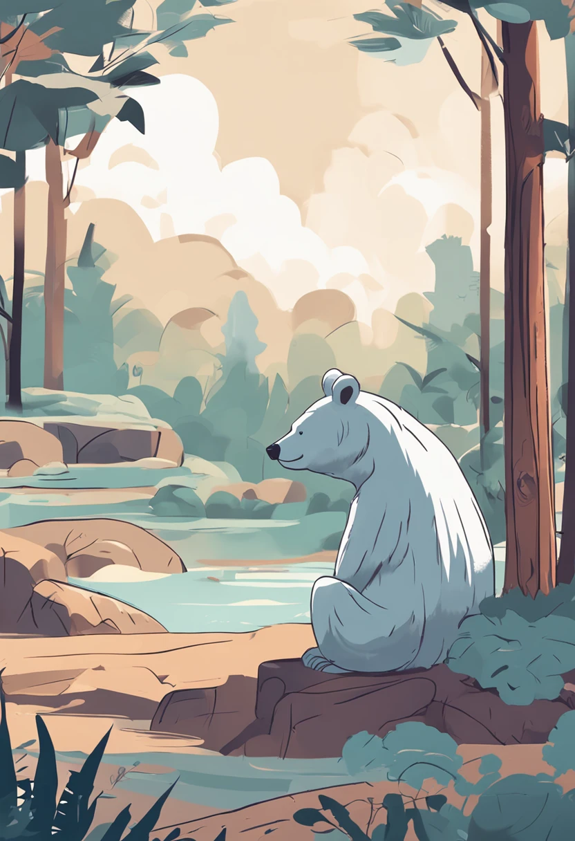 a bear、chill、relax、naturey、summer
Main color - cool blue、secondary color - calm beige,
Casual and cute、Hand-drawn style
Fur texture
Heavy use of curves、Expresses a soft atmosphere
Composition of a bear lying in the shade of a tree、Cool river and landscape in background
