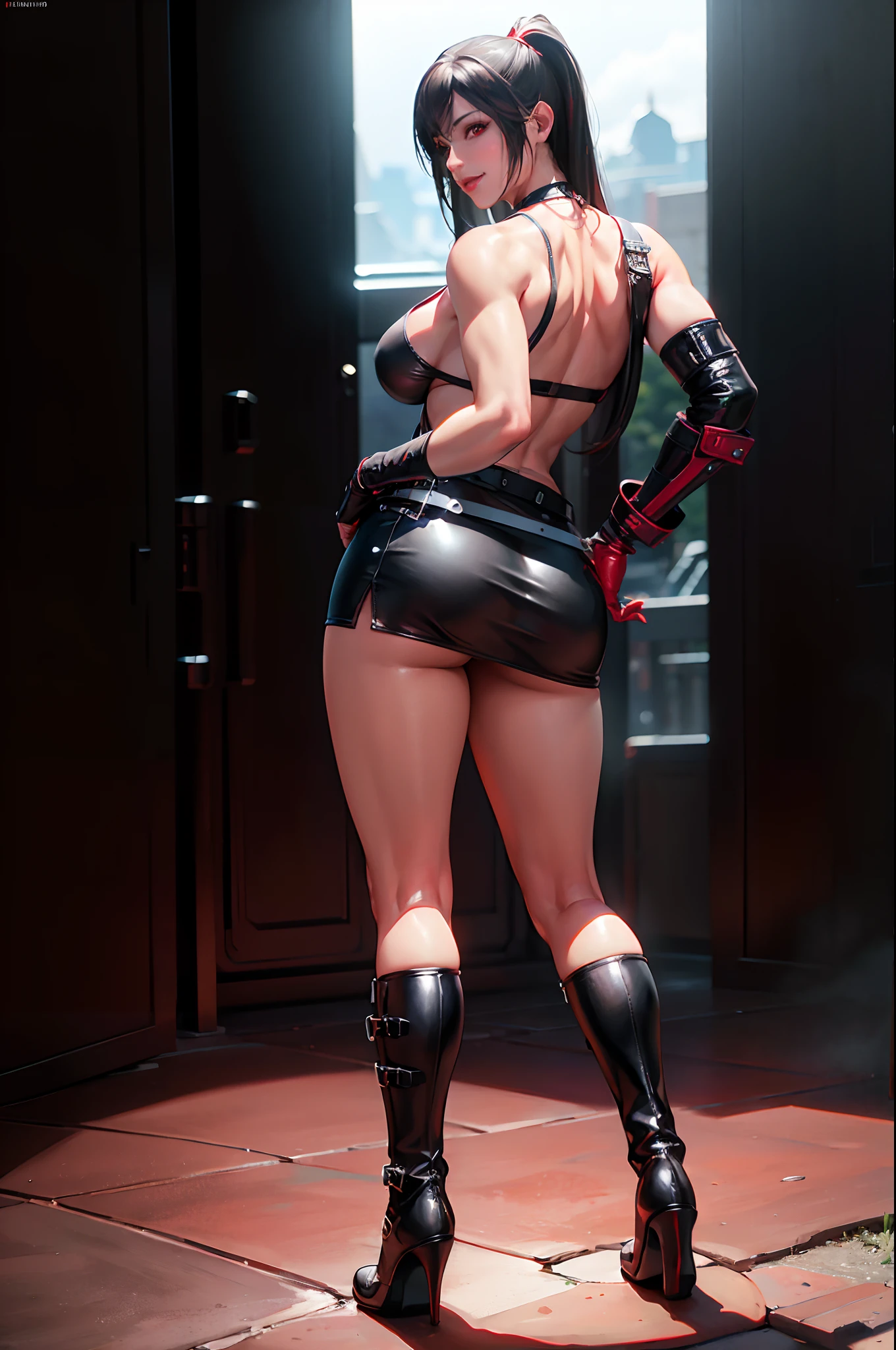 (8k, best quality, masterpiece:1.2), (realistic, photo-realistic:1.37), ultra-detailed, 1 girl,cute, solo, (tifa lockhart), (large breasts:1.5),(beautiful detailed eyes), (smile:1.2), (closed mouth), erotic pose, plain colour background, good composition, Final Fantasy VII, (white tank top, low cut top, cleavage:1.3), (black leather mini skirt with belt:1.3) (red gloves and boots) (full body:1.5), head rest, lips, pretty face, low-tied long hair, ((red_eyes:1.3)), intricate, bokeh, cinematic lighting, photon mapping, radiosity, physically-based rendering, (Tetsuya Nomura style), nsfw, perfect breasts (view from behind:1.5)