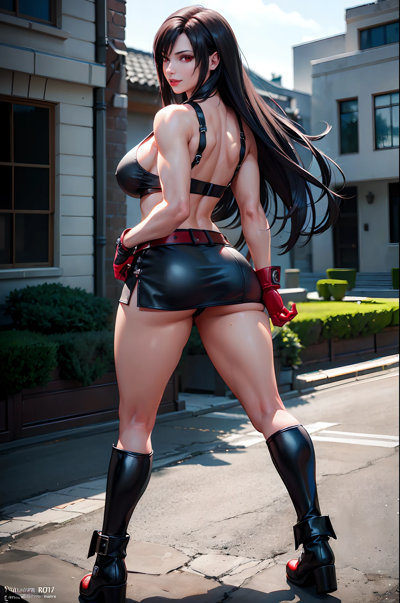 (8k, best quality, masterpiece:1.2), (realistic, photo-realistic:1.37), ultra-detailed, 1 girl,cute, solo, (tifa lockhart), (large breasts:1.5),(beautiful detailed eyes), (smile:1.2), (closed mouth), erotic pose, plain colour background, good composition, Final Fantasy VII, (white tank top, low cut top, cleavage:1.3), (black leather mini skirt with belt:1.3) (red gloves and boots) (full body:1.5), head rest, lips, pretty face, low-tied long hair, ((red_eyes:1.3)), intricate, bokeh, cinematic lighting, photon mapping, radiosity, physically-based rendering, (Tetsuya Nomura style), nsfw, perfect breasts (view from behind:1.5)