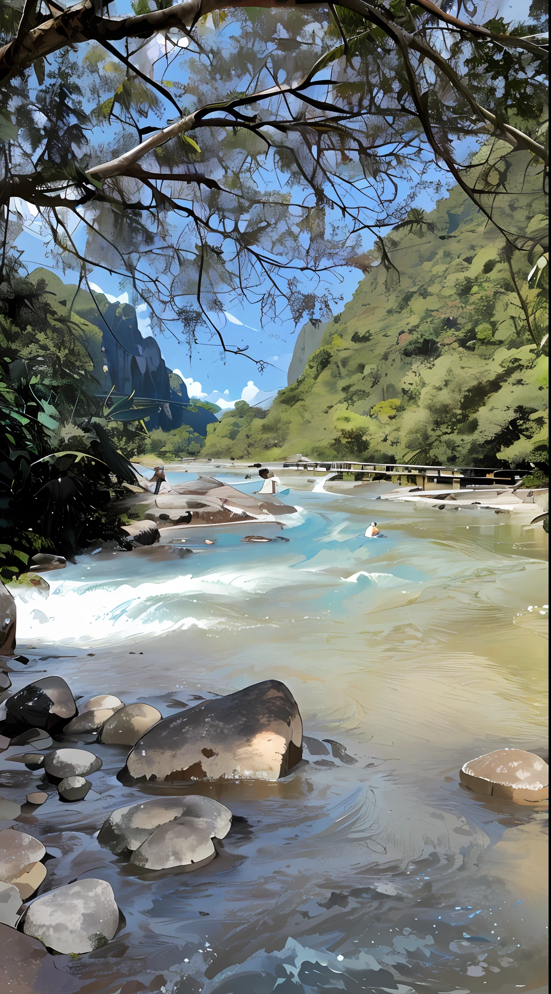 there is a man standing on a surfboard in the water, river with stunning water, river, river with low hanging plants, scenic view of river, river in the background, with waterfalls and river, snake river in the jungle, wide angle river, a river flowing with waterfall, jungles of vietnam beautiful, river and trees and hills, with a river running through it