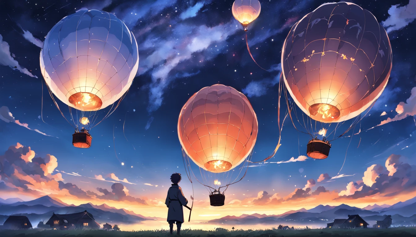 ((old peasant craftsman repairing a large gas balloon) anime style) book cover style sunset into night starry sky rises above envelops the image.