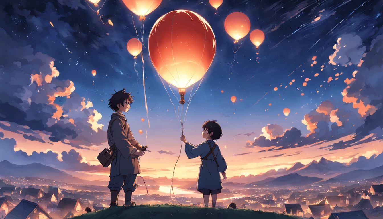 ((old peasant craftsman repairing a large gas balloon) anime style) book cover style sunset into night starry sky rises above envelops the image.