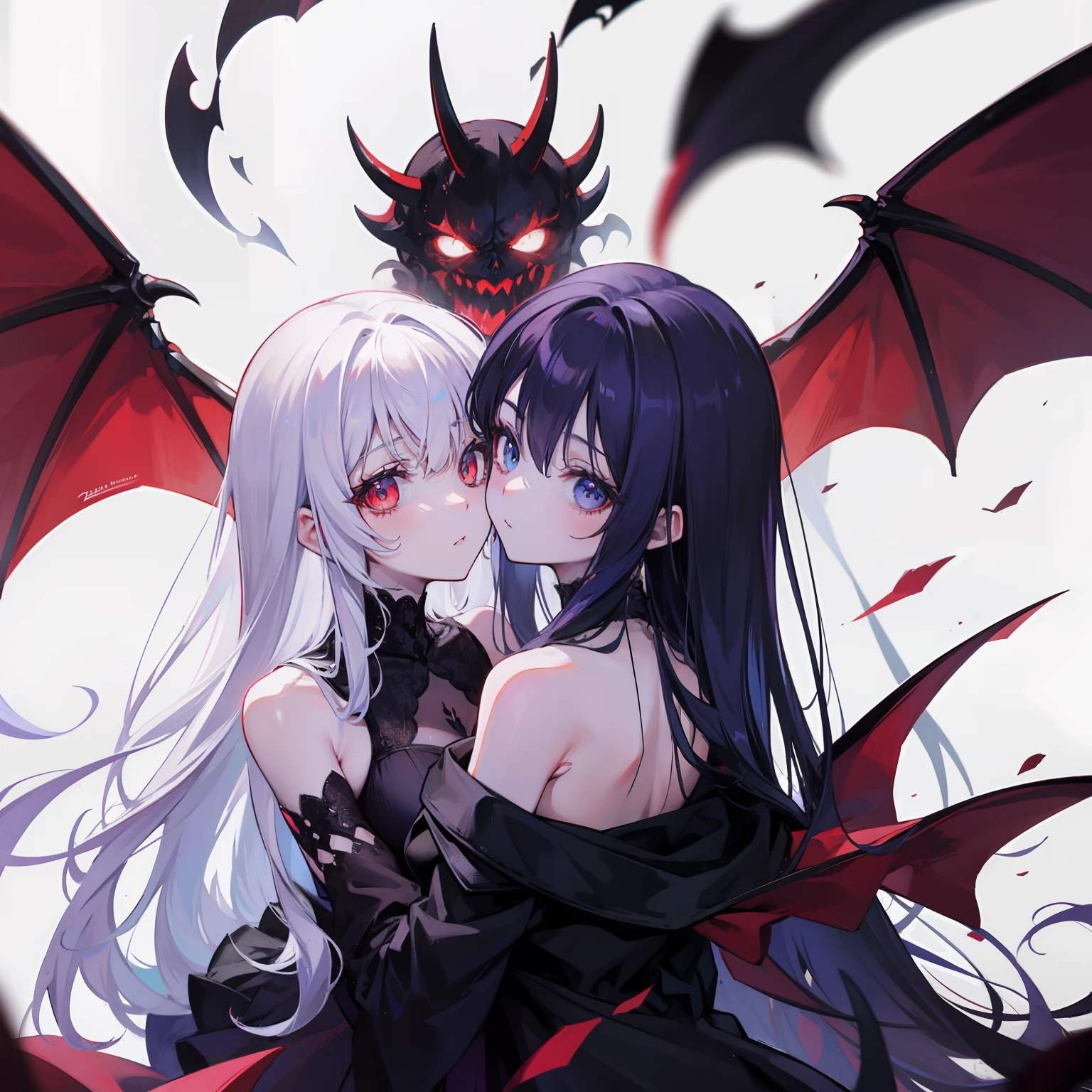 In a stunning 2D anime-style scene, the curvy succubus and the pink-haired girl are intimately posed together, exuding both allure and power. The succubus, with her long, straight white hair and bat wings, reclines provocatively in a revealing bikini, thigh-high boots, and long gloves. Her devil tail curves sensually, and her red eyes lock with intense focus as her tongue playfully sticks out. The background features a dramatic, mystical dreamscape with deep shadows and swirling red and black mists, adding to the nightmarish atmosphere.
The pink-haired girl, equally curvy, is depicted with a confident and alluring stance. Her long, flowing pink hair cascades around her, accentuating her formSchool girl fitting attire. Both characters hold hands, pressing against each other in a powerful pose that blends their contrasting energies.
Their shared energy creates a striking visual dynamic, capturing a breathtaking blend of seduction and strength. The scene is designed to be visually stunning, with meticulous attention to detail that highlights their unique qualities and the intense atmosphere of their interaction. Normal hands and they’re hugging each other, and the school girl doesn’t have wings or horns. And their in an anime, they have normal legs and there outfits aren’t clashing. And the pink haired girl has blue eyes